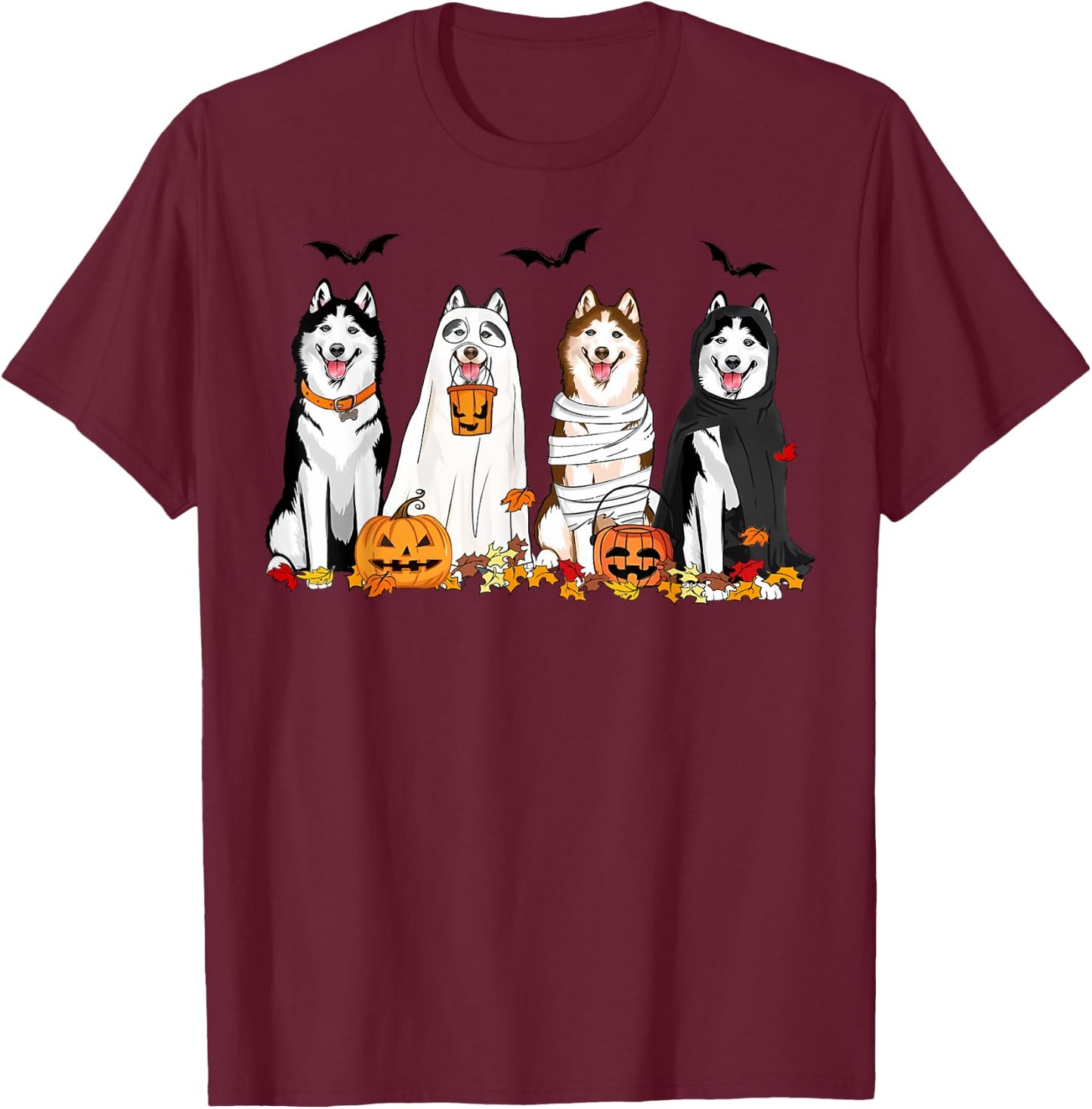 Siberian Husky Dogs Ghost Witch Mummy Halloween Pumpkins T-Shirt - T-Shirt | Maroon