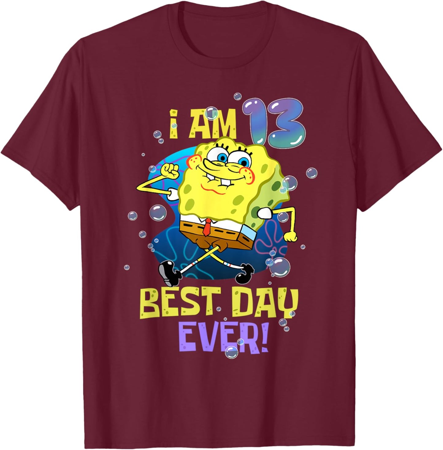 Mademark x SpongeBob SquarePants - Spongebob I Am 13 Best Day Ever 13th Birthday Kids Spongebob T-Shirt - T-Shirt | Maroon