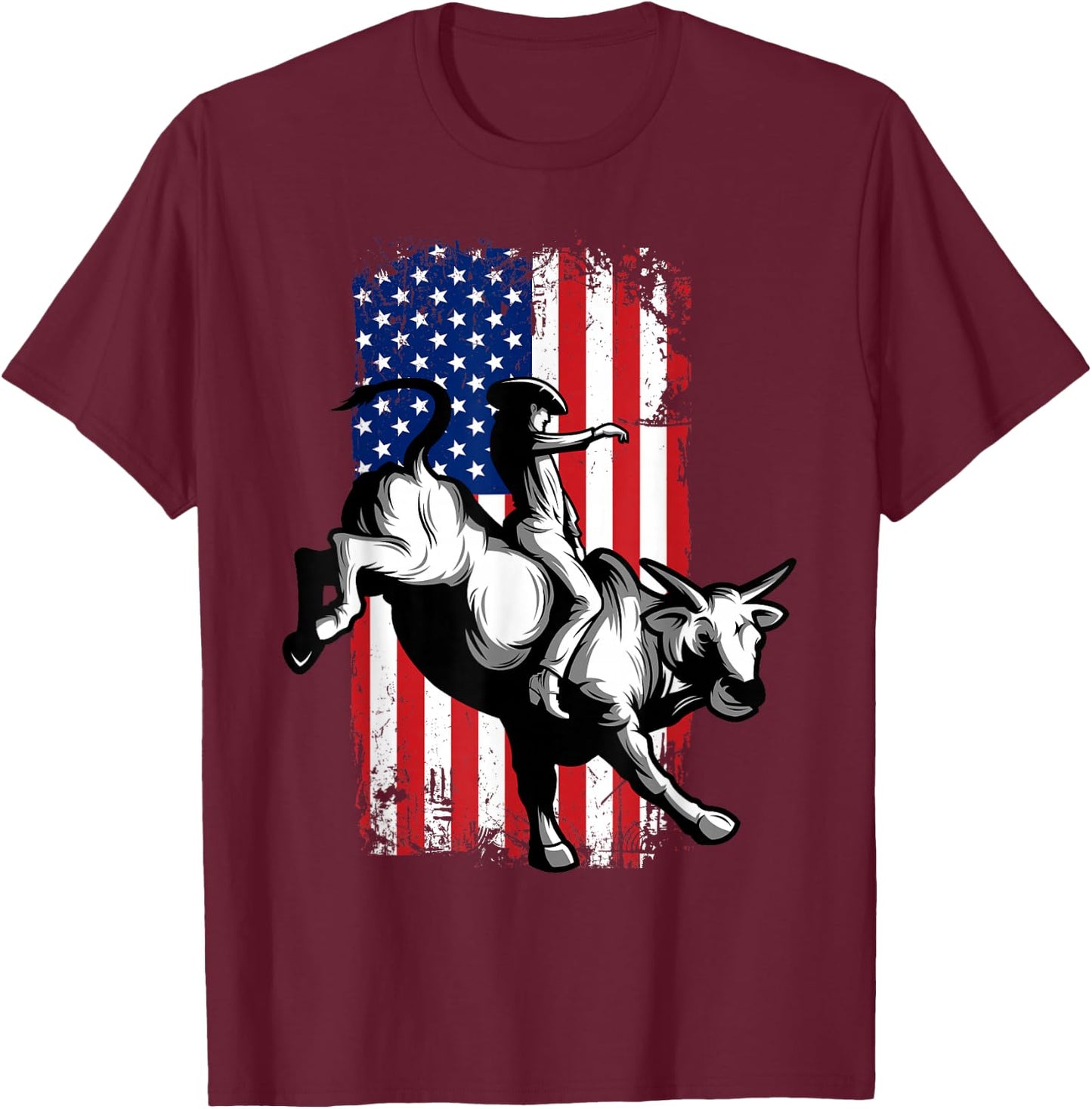Rodeo Bull Rider Patriotic American USA Flag For Cowboys T-Shirt - T-Shirt | Maroon