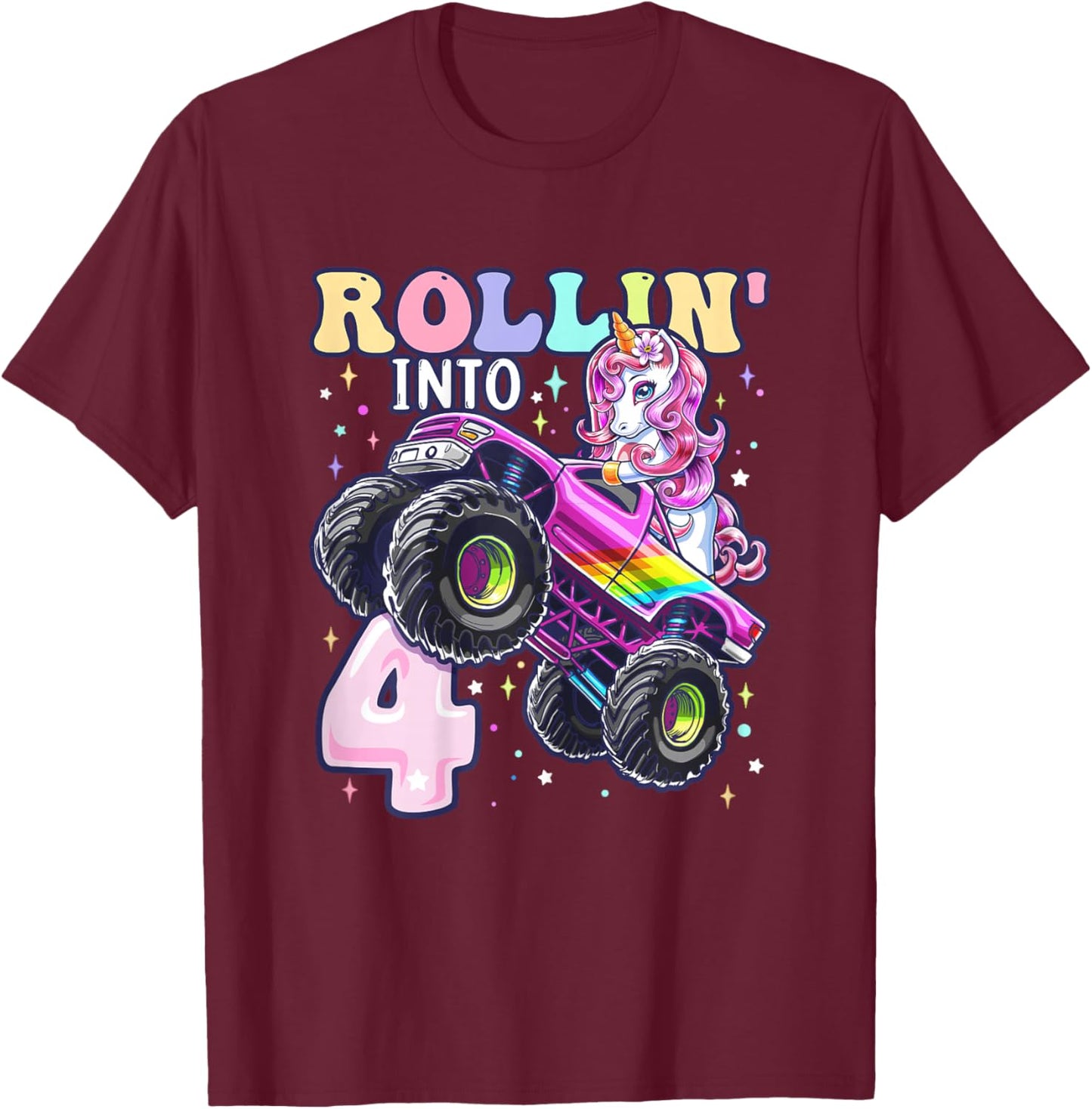 Unicorn Monster Truck 4th Birthday 4 Year Old Girls Party T-Shirt - T-Shirt | Maroon