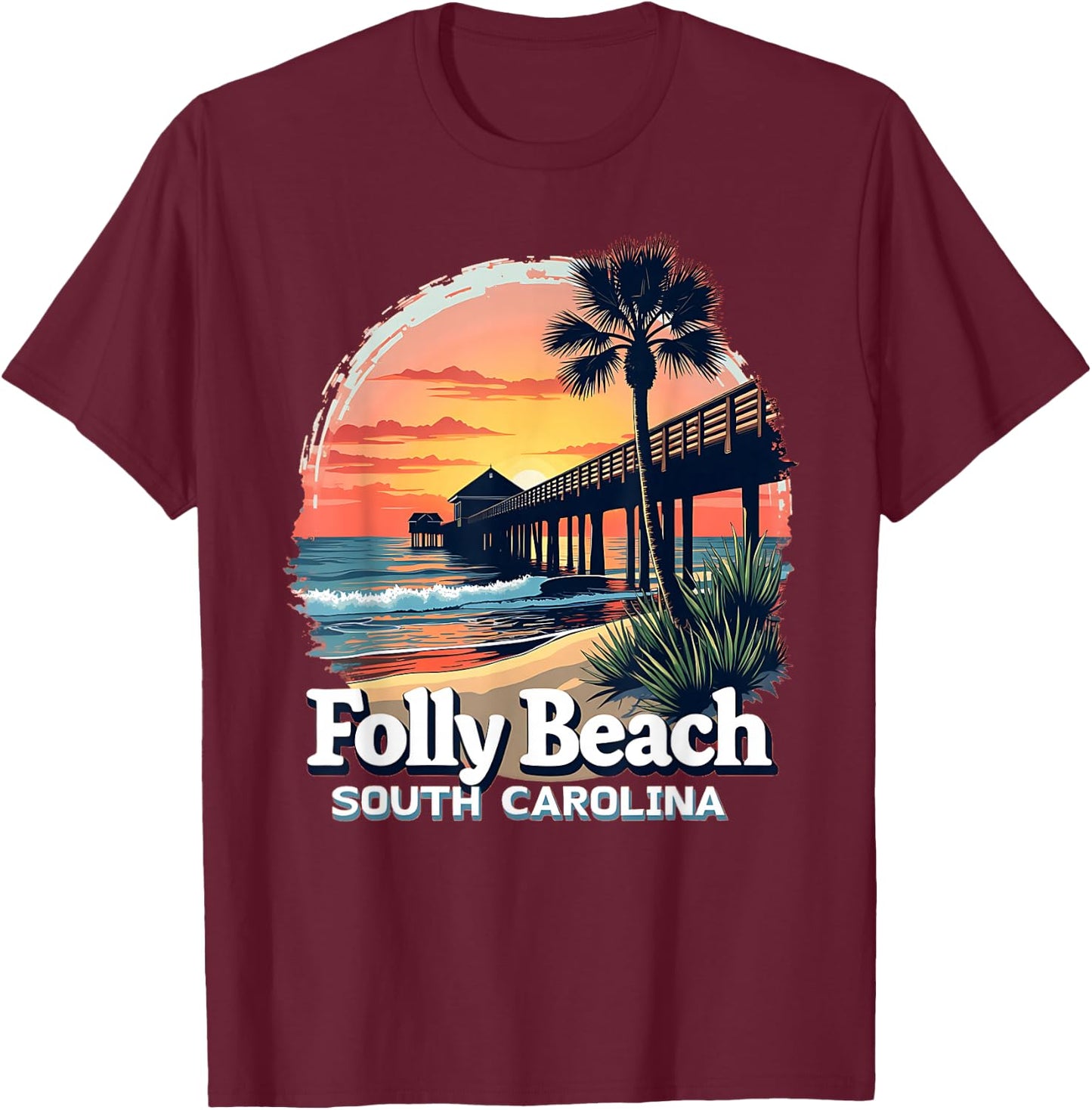 Scenic Sunset Beach Vacation Folly Beach South Carolina T-Shirt - T-Shirt | Maroon