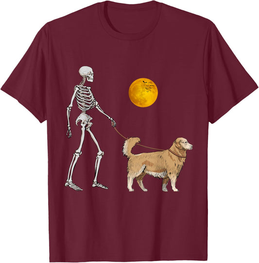 Golden Retriever Skeleton Dog Walking Halloween Costume T-Shirt - T-Shirt | Maroon