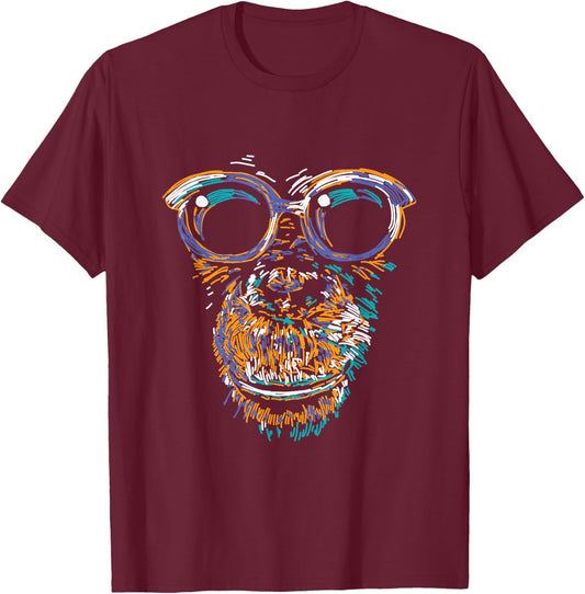 Cool Monkey Face Silhouette Animal Lover Monkey With Glasses T-Shirt - T-Shirt | Maroon