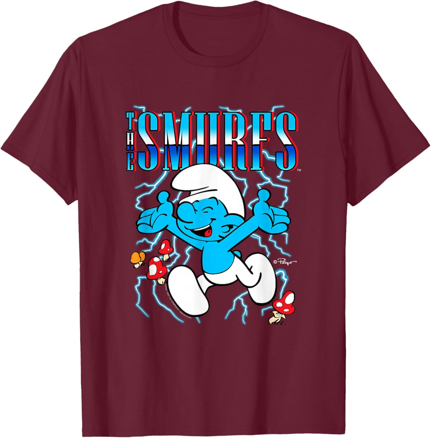 The Smurfs Chrome Logo & Mushrooms Retro Cartoon T-Shirt - T-Shirt | Maroon