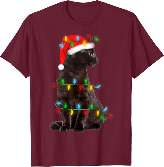 Black-Cat Christmas Tree Lights Funny Santa Kitten Led Light T-Shirt - T-Shirt | Maroon