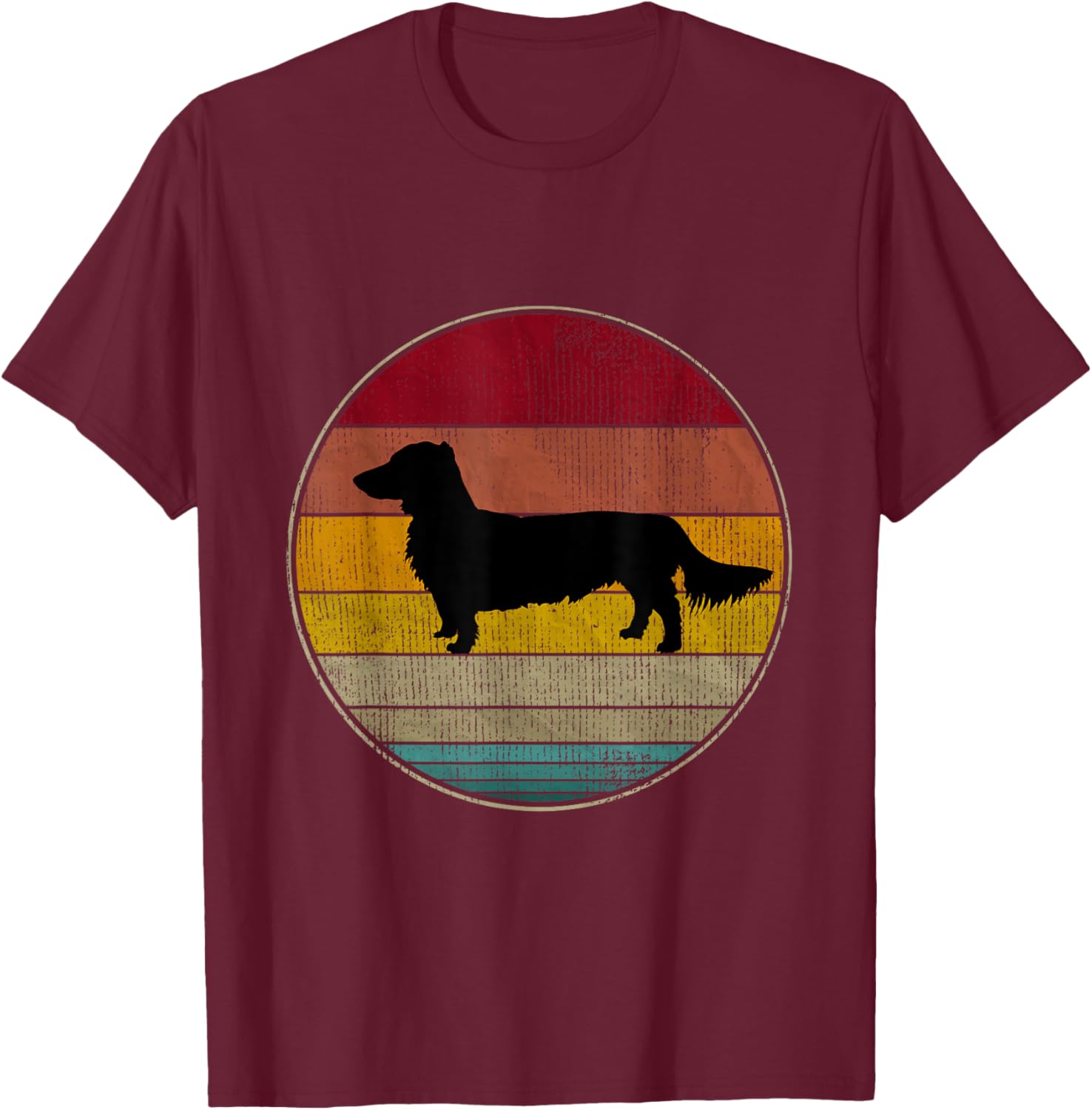 Long Haired Dachshund Dog Silhouette Pet Lover Vintage Retro T-Shirt - T-Shirt | Maroon