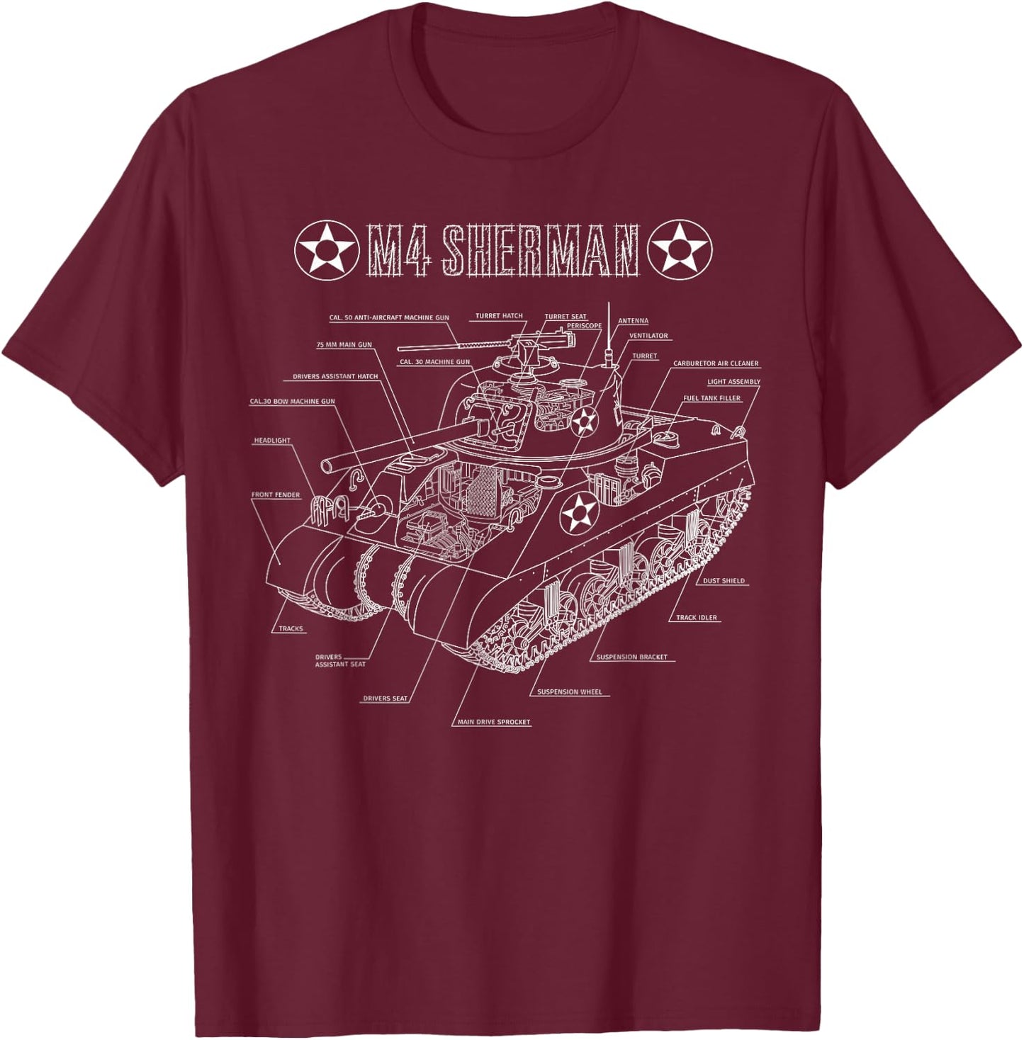 World War 2 American Tank M4A3 Sherman blueprint T-Shirt - T-Shirt | Maroon