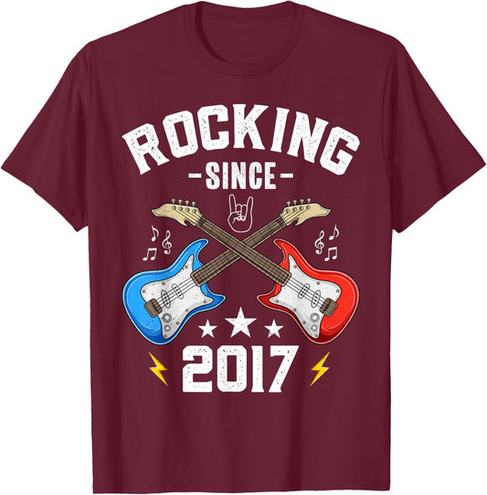 8 Year Old Rocking Since 2017 Guitar 8th Birthday T-Shirt - T-Shirt | Maroon