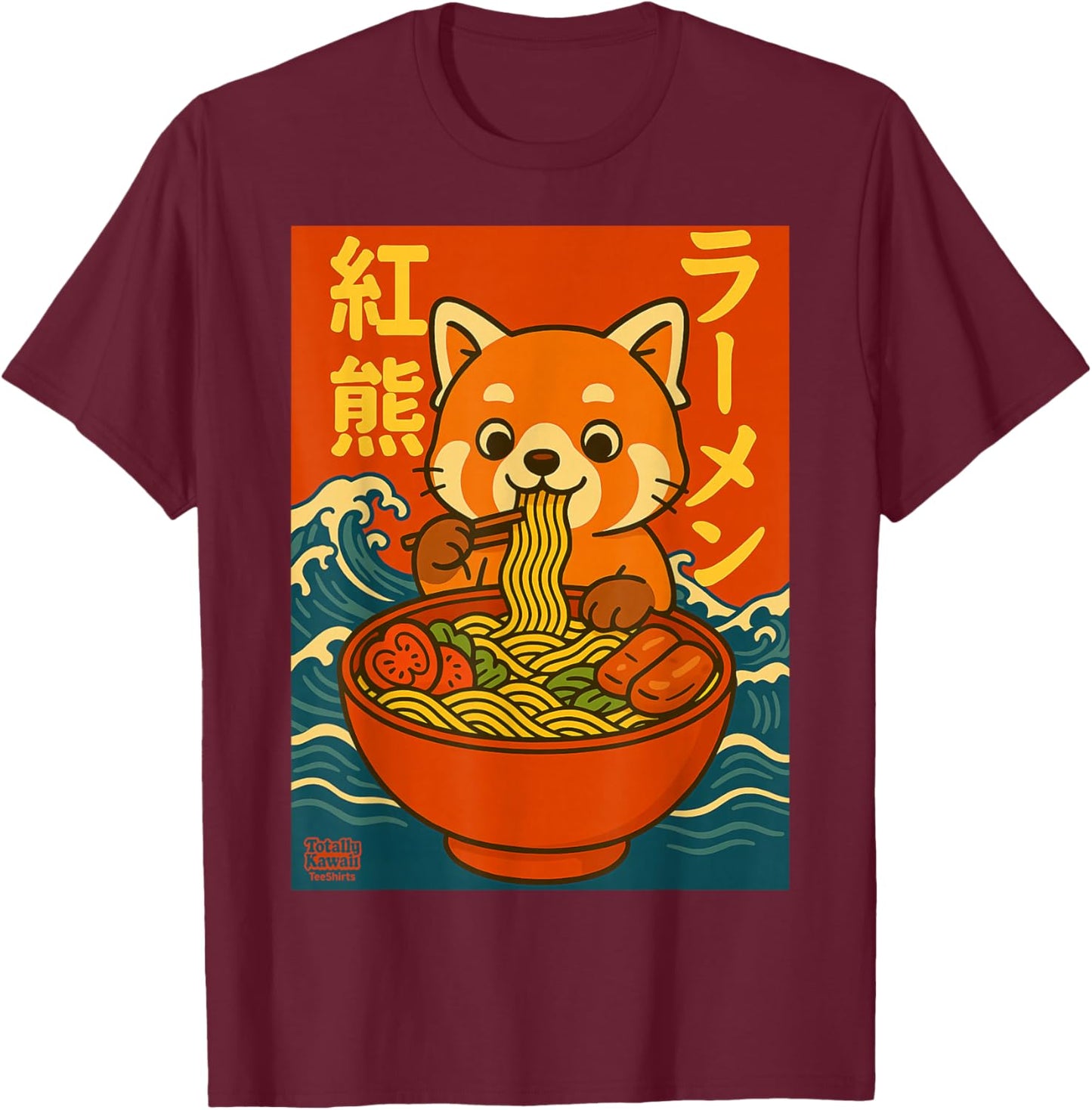 Kawaii Ramen Red Panda Anime Japanese Noodles Cute T-Shirt - T-Shirt | Maroon