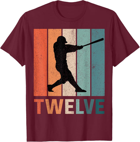 12th Birthday Retro Baseball Player Boys Kids 12 Years Old T-Shirt - T-Shirt | Maroon