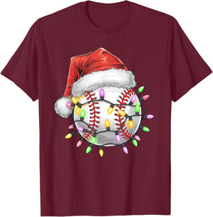 Baseball Christmas Lights Men Boys Youth Santa Sports T-Shirt - T-Shirt | Maroon