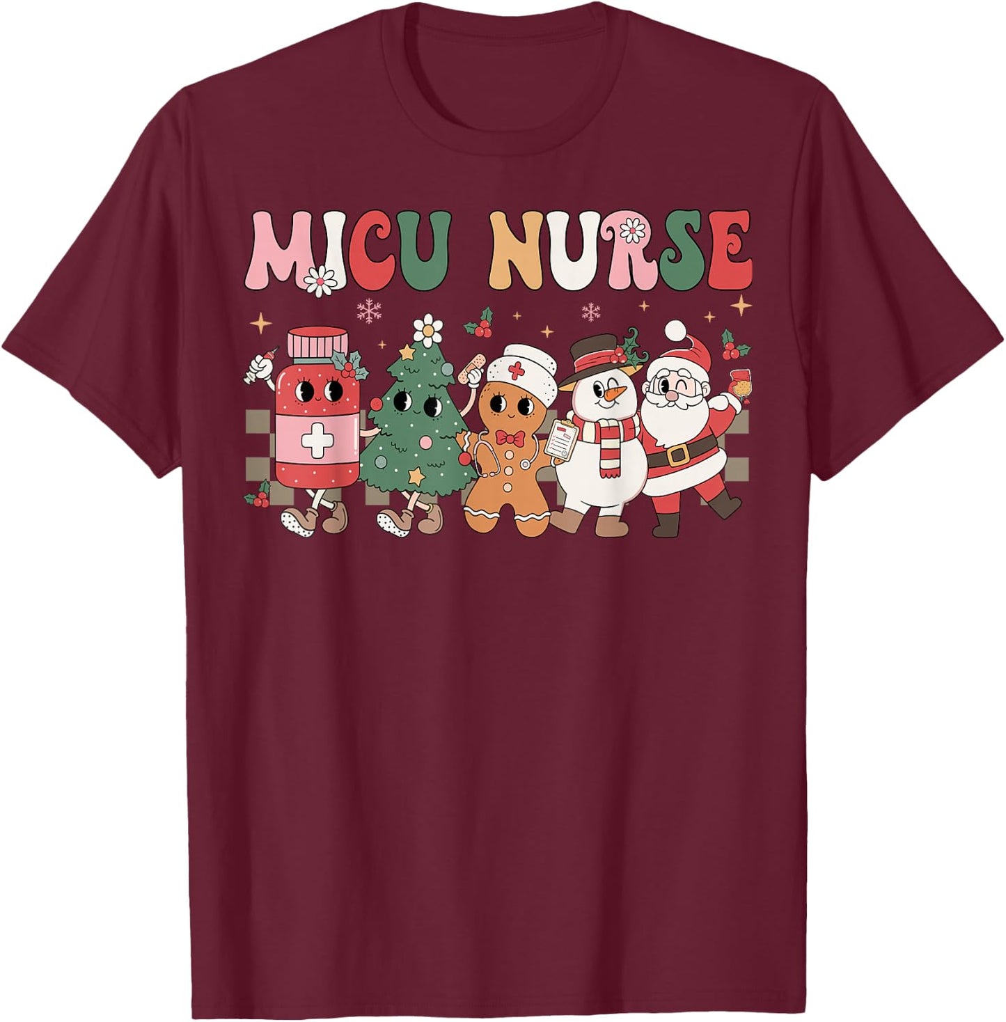 MICU Nurse Christmas Tree Gingerbread Nurse Retro T-Shirt - T-Shirt | Maroon