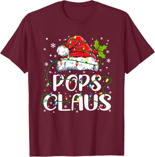 Pops Claus Christmas Santa Hat Matching Family Xmas Lights T-Shirt - T-Shirt | Maroon