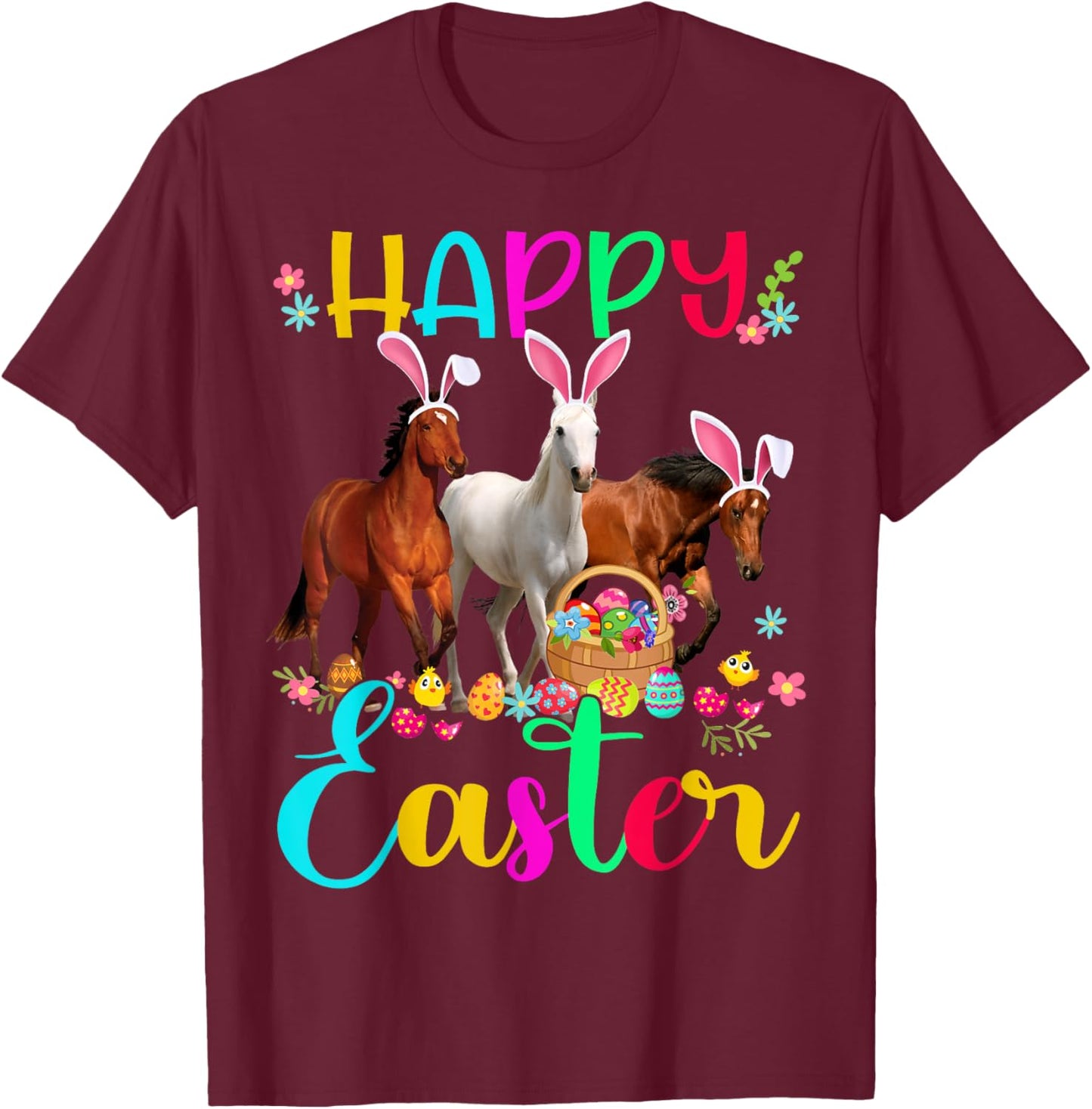 Happy Easter Horse Lover Three Horse Wearing Bunny Ear T-Shirt - T-Shirt | Maroon