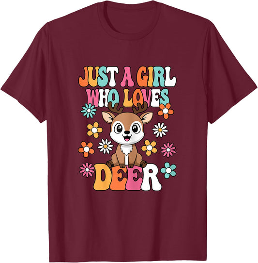Just A Girl Who Loves Deer Cute Deer Lover Girls Kids T-Shirt - T-Shirt | Maroon