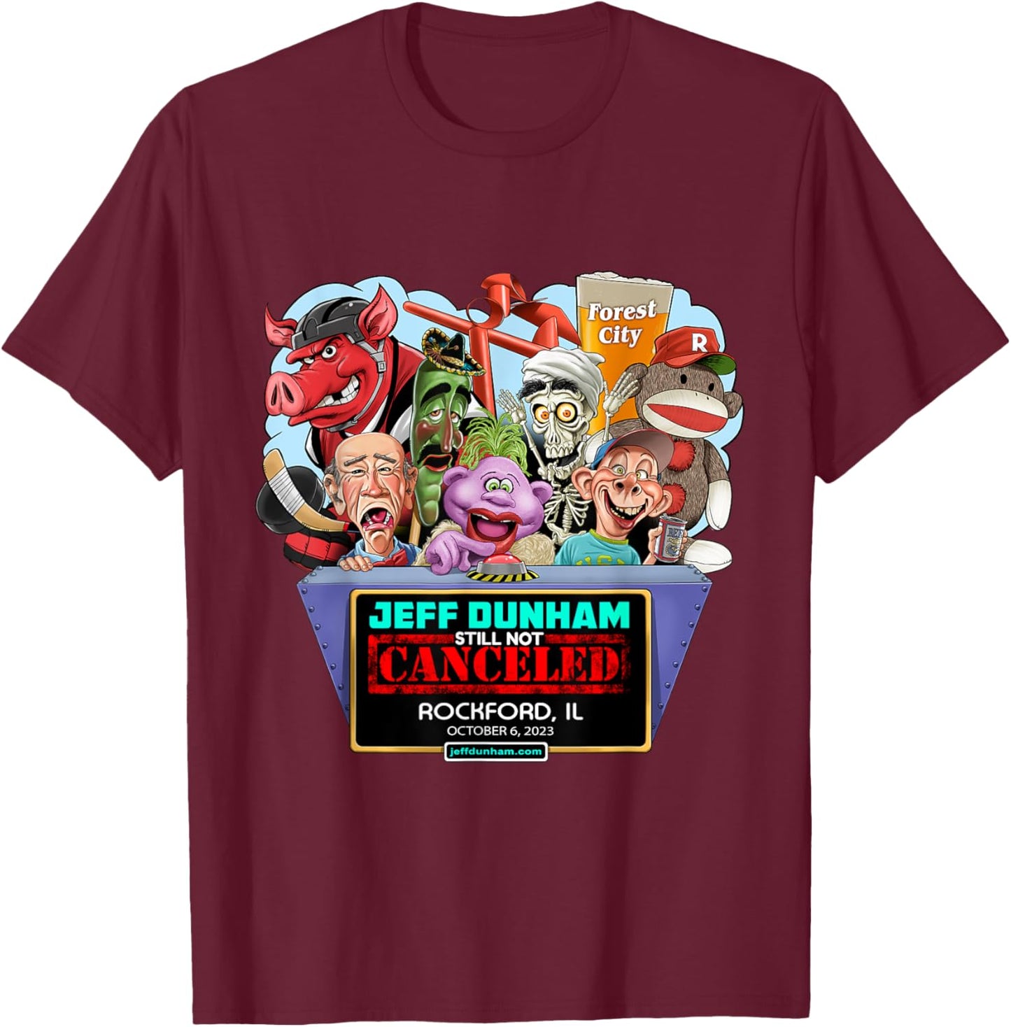 Jeff Dunham Rockford, IL (2023) T-Shirt - T-Shirt | Maroon