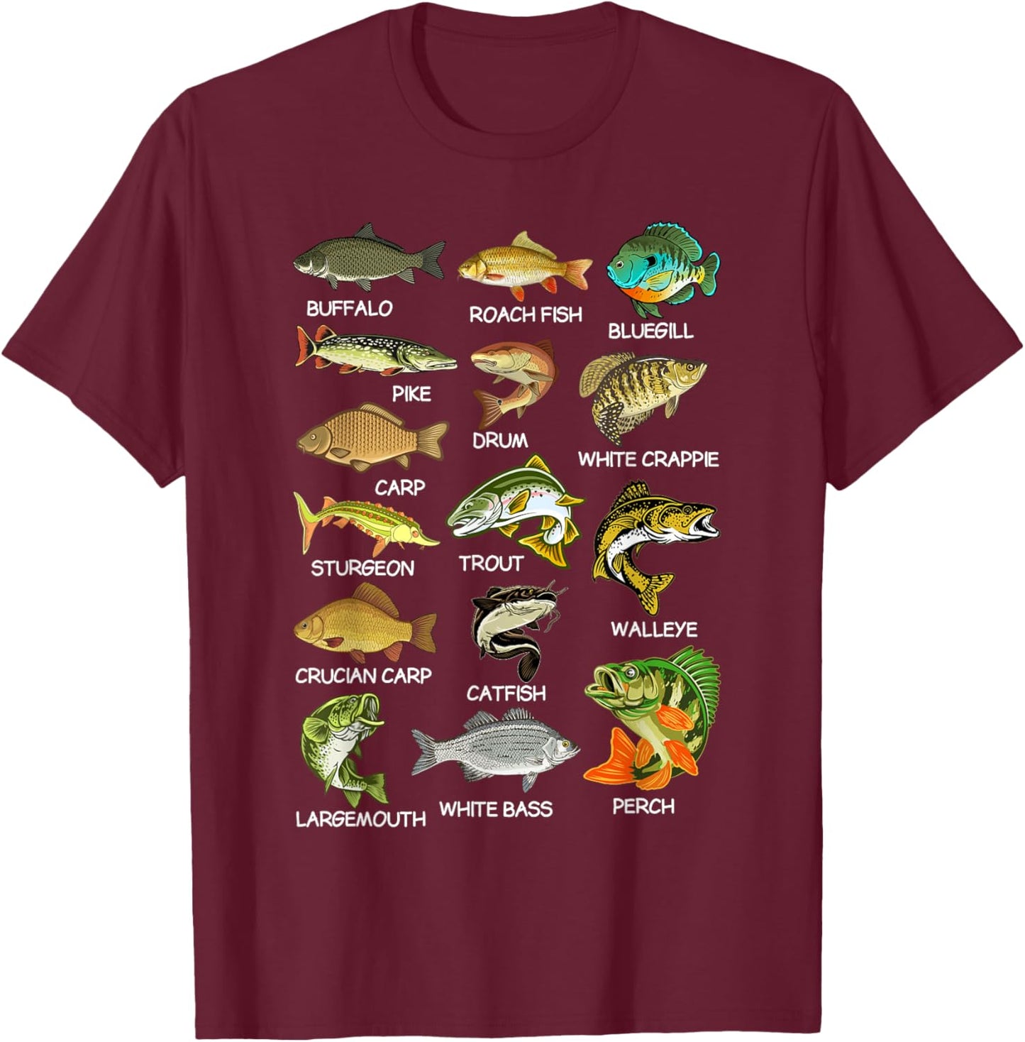 Types Of Freshwater Fish Species Fishing Fisherman Anglers T-Shirt - T-Shirt | Maroon
