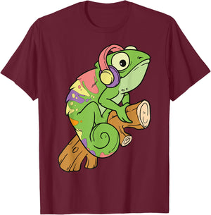 Cartoon Chameleon With Headphones Fun Illustration T-Shirt - T-Shirt | Maroon