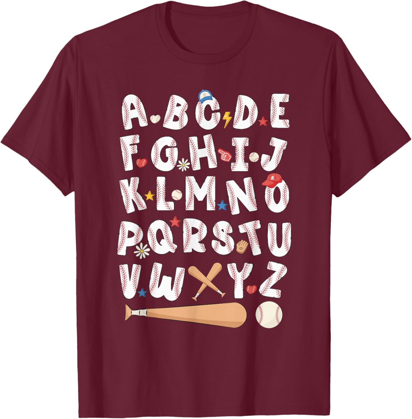 Alphabet Baseball ABCs Letters Kids Boys Girls Teacher T-Shirt - T-Shirt | Maroon