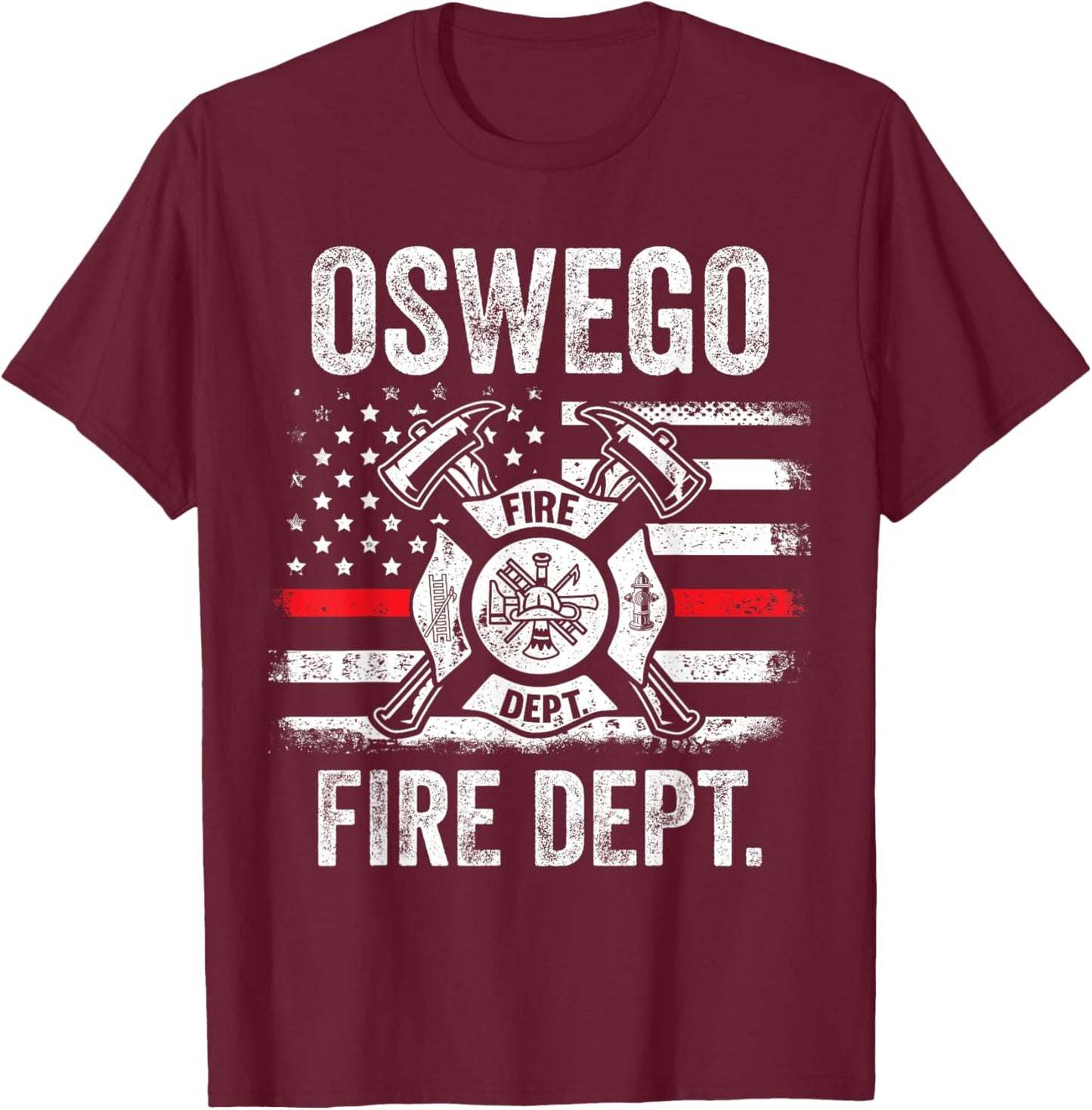 Oswego New York Fire Department Thin Red Line Fireman T-Shirt - T-Shirt | Maroon