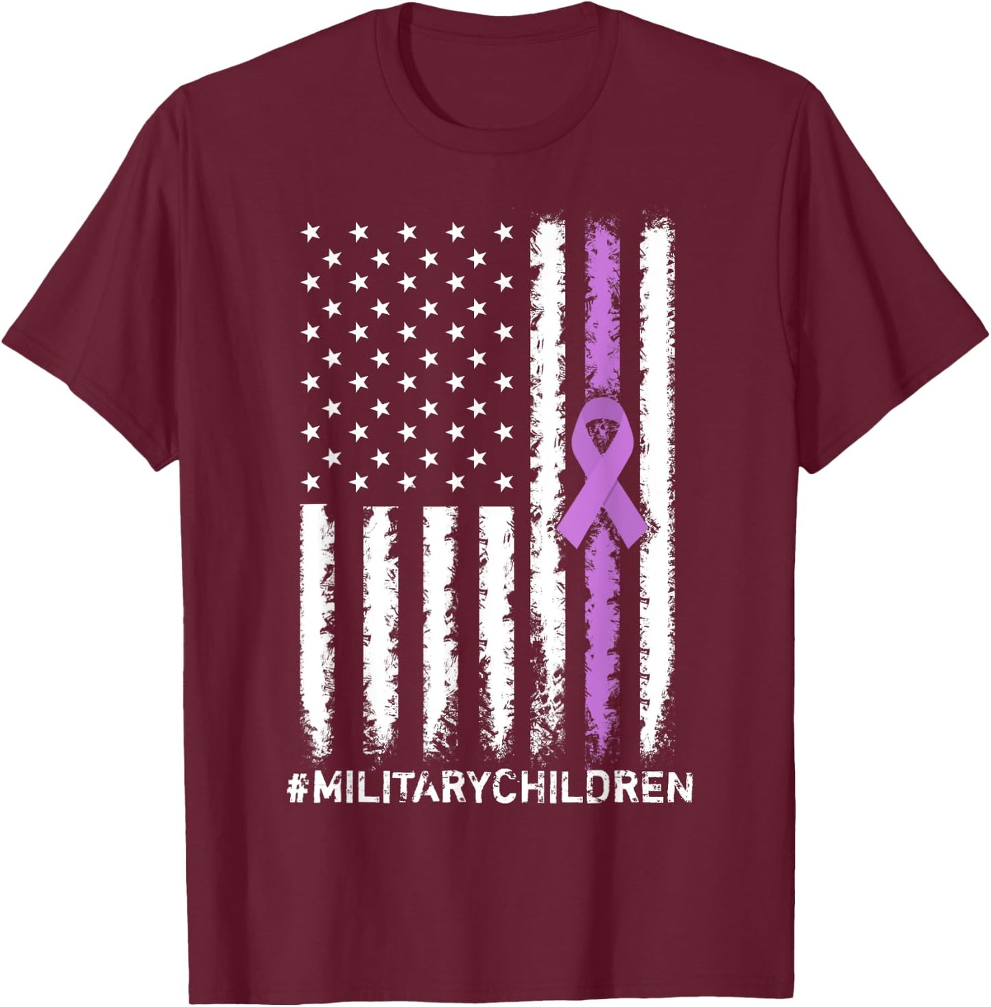 USA Flag Ribbon, Purple Up! Month for Military Children Kids Men T-Shirt - T-Shirt | Maroon