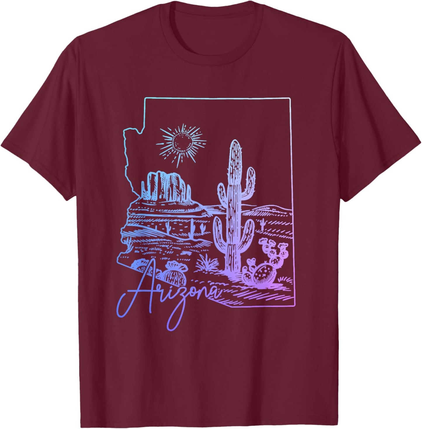 Arizona Cactus Vintage State Map T-Shirt - T-Shirt | Maroon