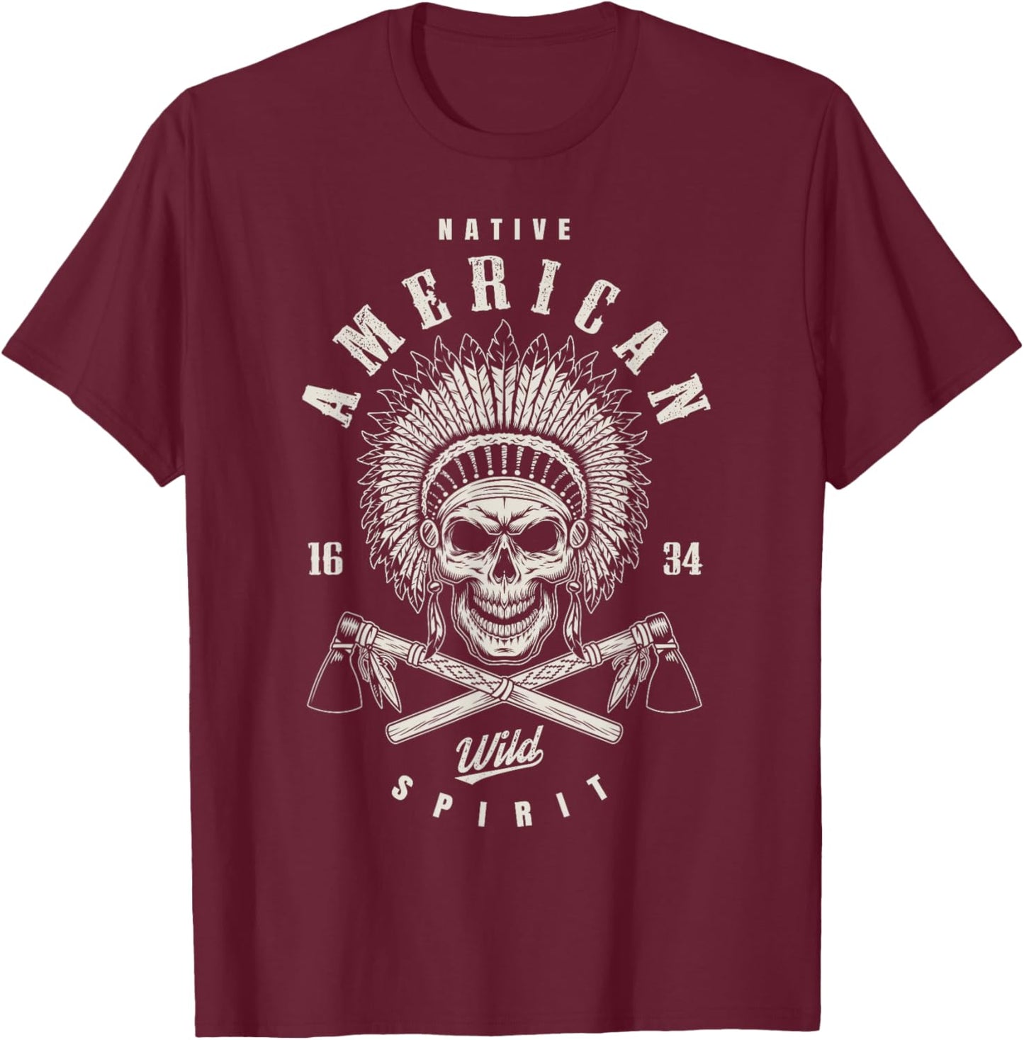 Native American Chief Skull with Axe and Feather Headpiece T-Shirt - T-Shirt | Maroon