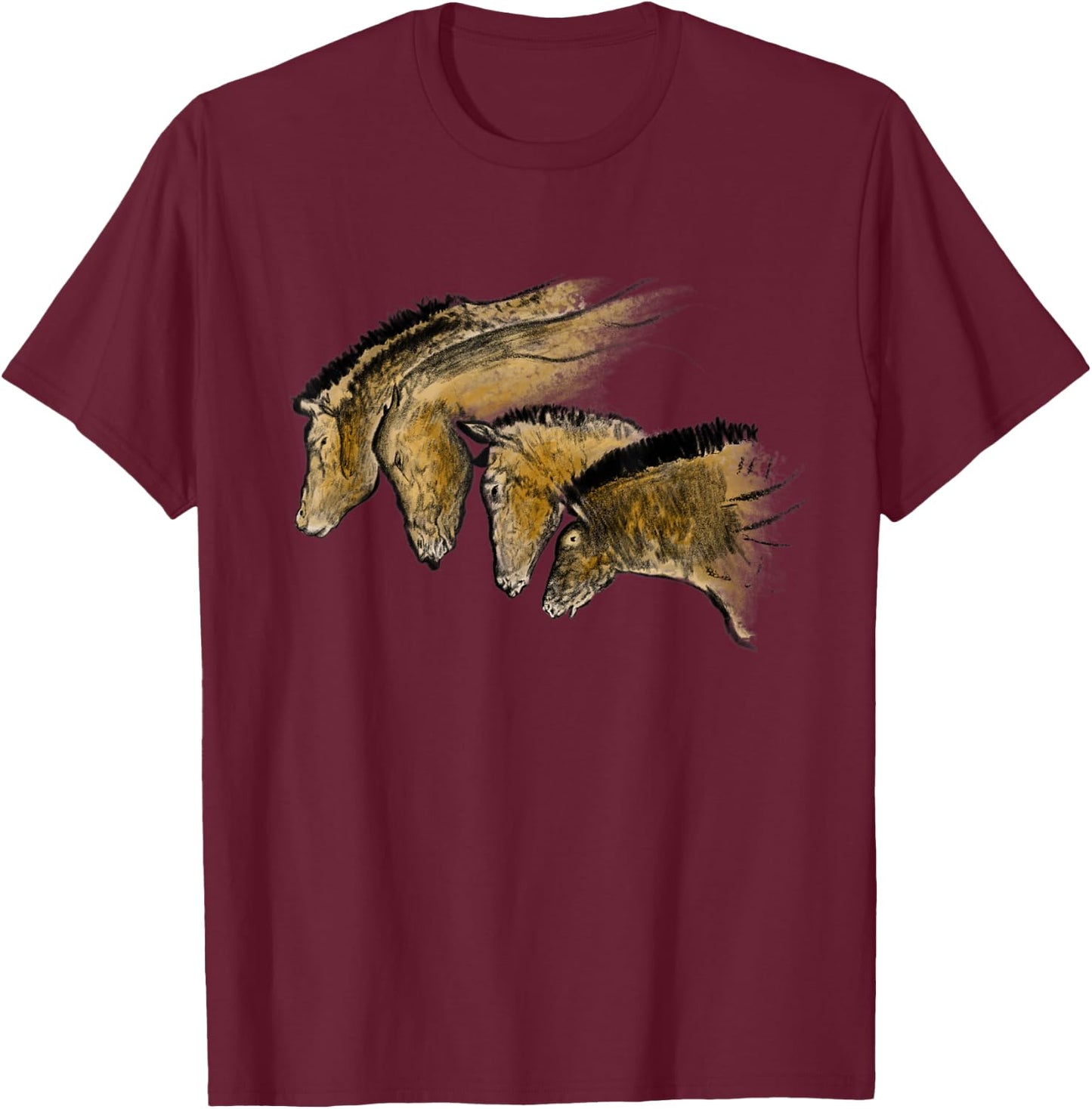 Cave Painting of four horses from Chauvet T-Shirt - T-Shirt | Maroon