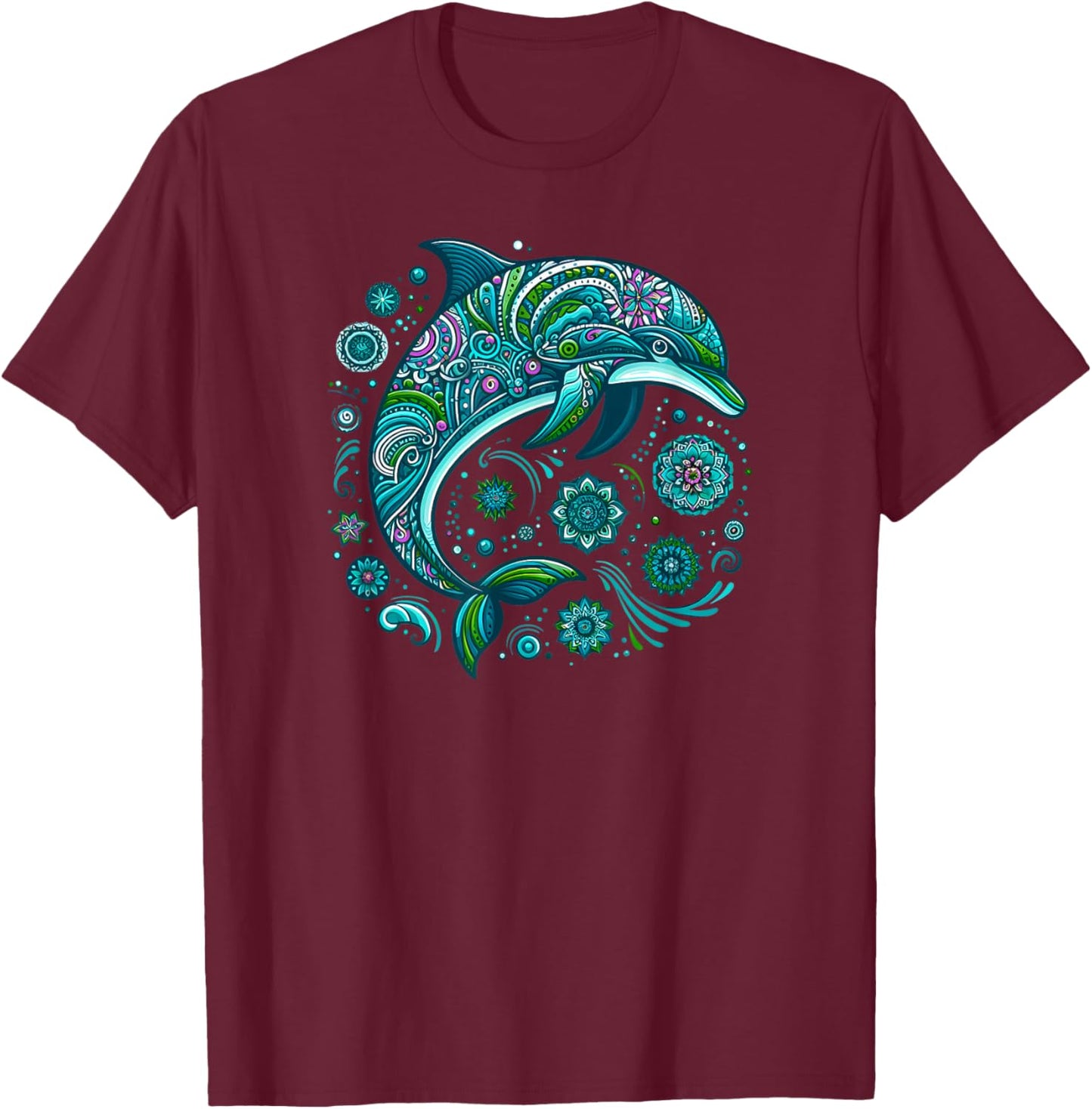 Mandala Türkis Blau Zen Delfin T-Shirt - T-Shirt | Maroon