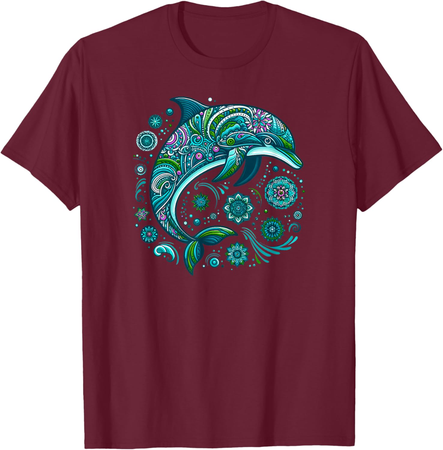 Mandala Türkis Blau Zen Delfin T-Shirt - T-Shirt | Maroon