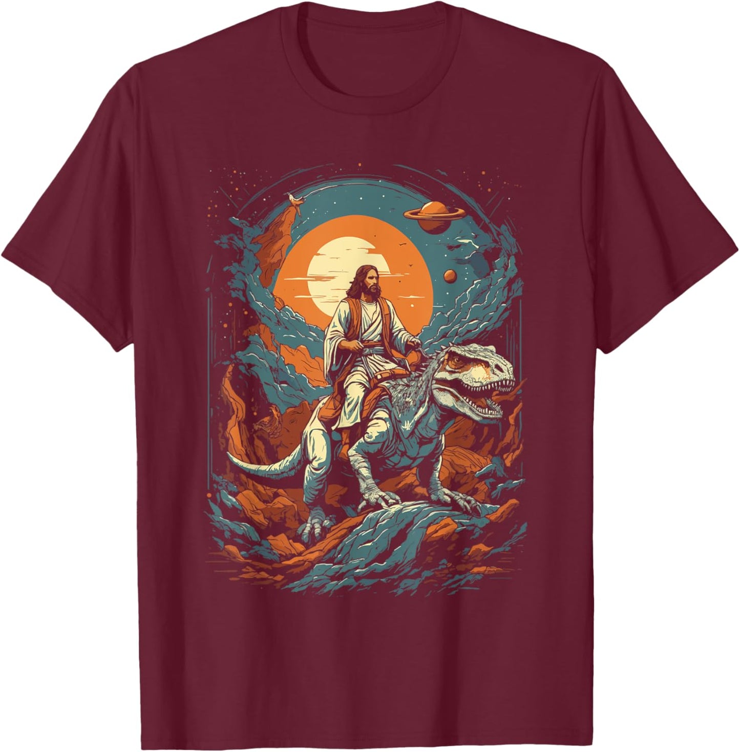 Jesus Riding in Space T-Rex Dinosaur Meme Sci-Fi Believers T-Shirt - T-Shirt | Maroon