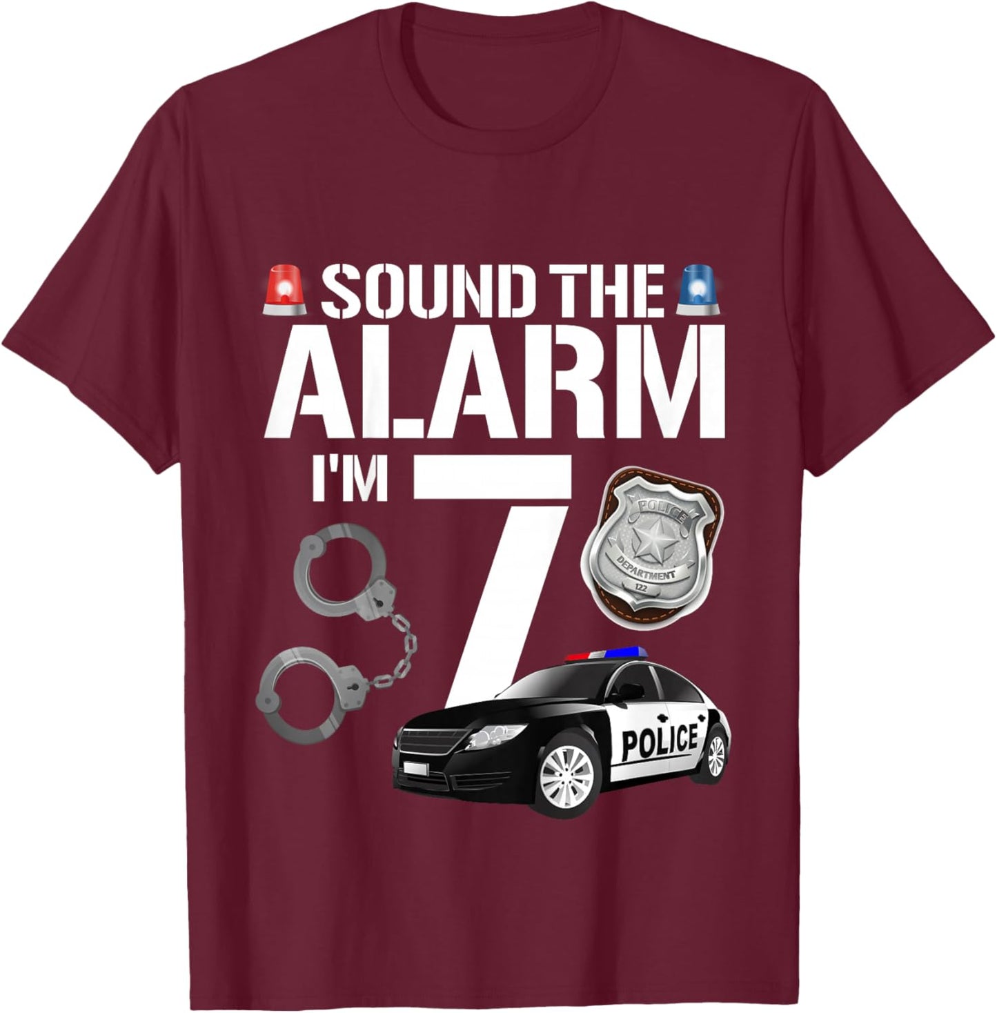 Kids 7 Year Old Police Birthday Officer Cop Car 7th Gift Boy T-Shirt - T-Shirt | Maroon