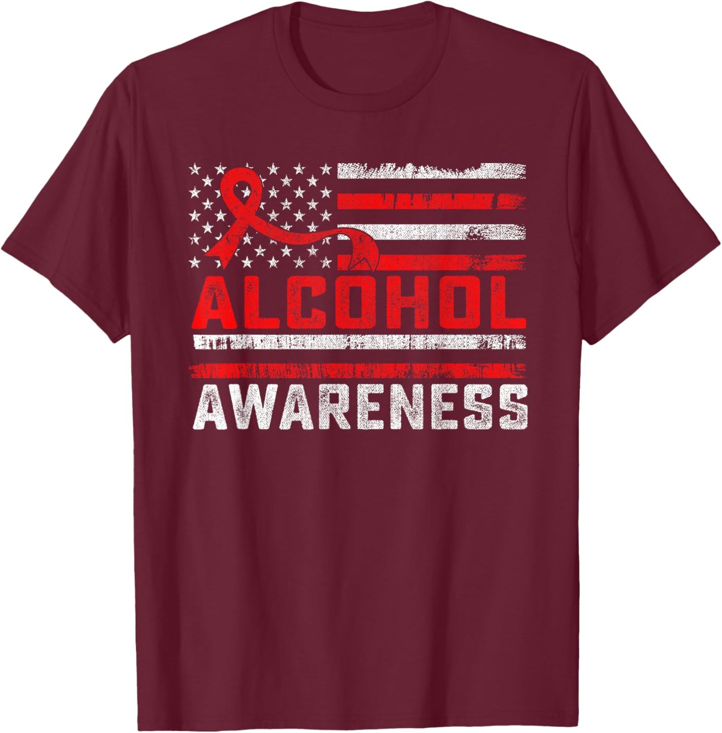 Alcohol Awareness Month American Flag Red Ribbon Women Men T-Shirt - T-Shirt | Maroon