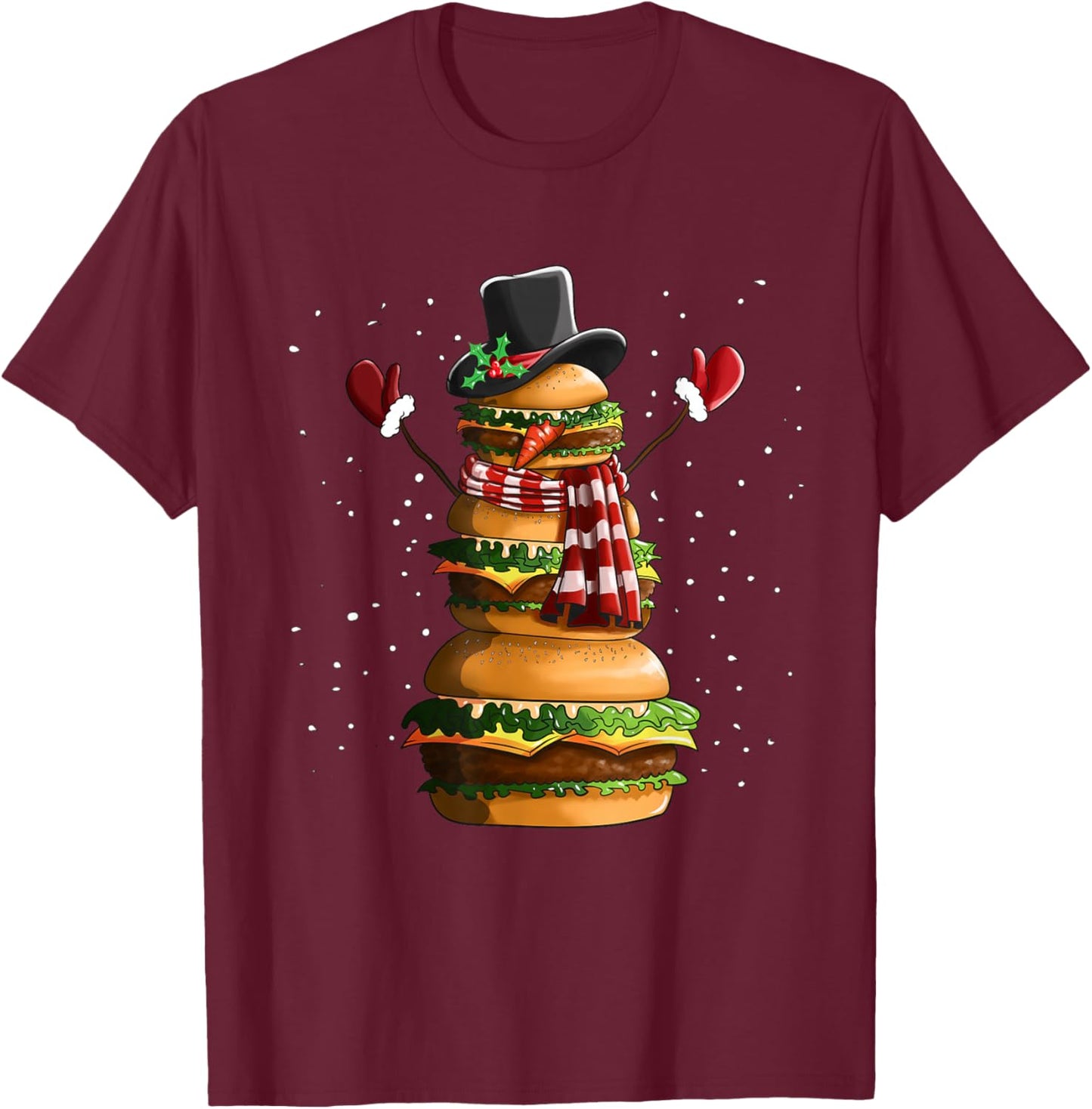 Snowman Made Of Burgers Cheeseburger Fast Food Christmas T-Shirt - T-Shirt | Maroon