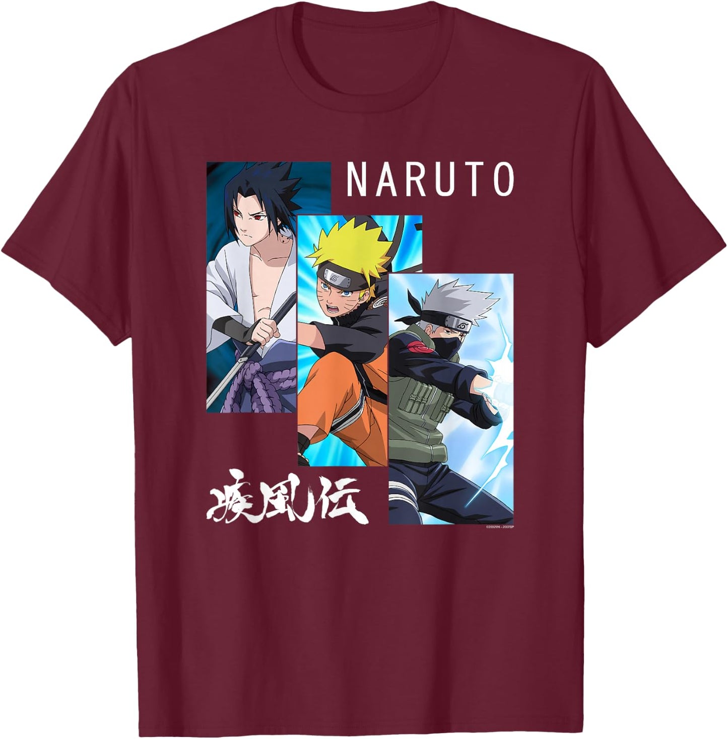 Naruto Shippuden 3 Panels and Kanji Short Sleeve T-Shirt - T-Shirt | Maroon