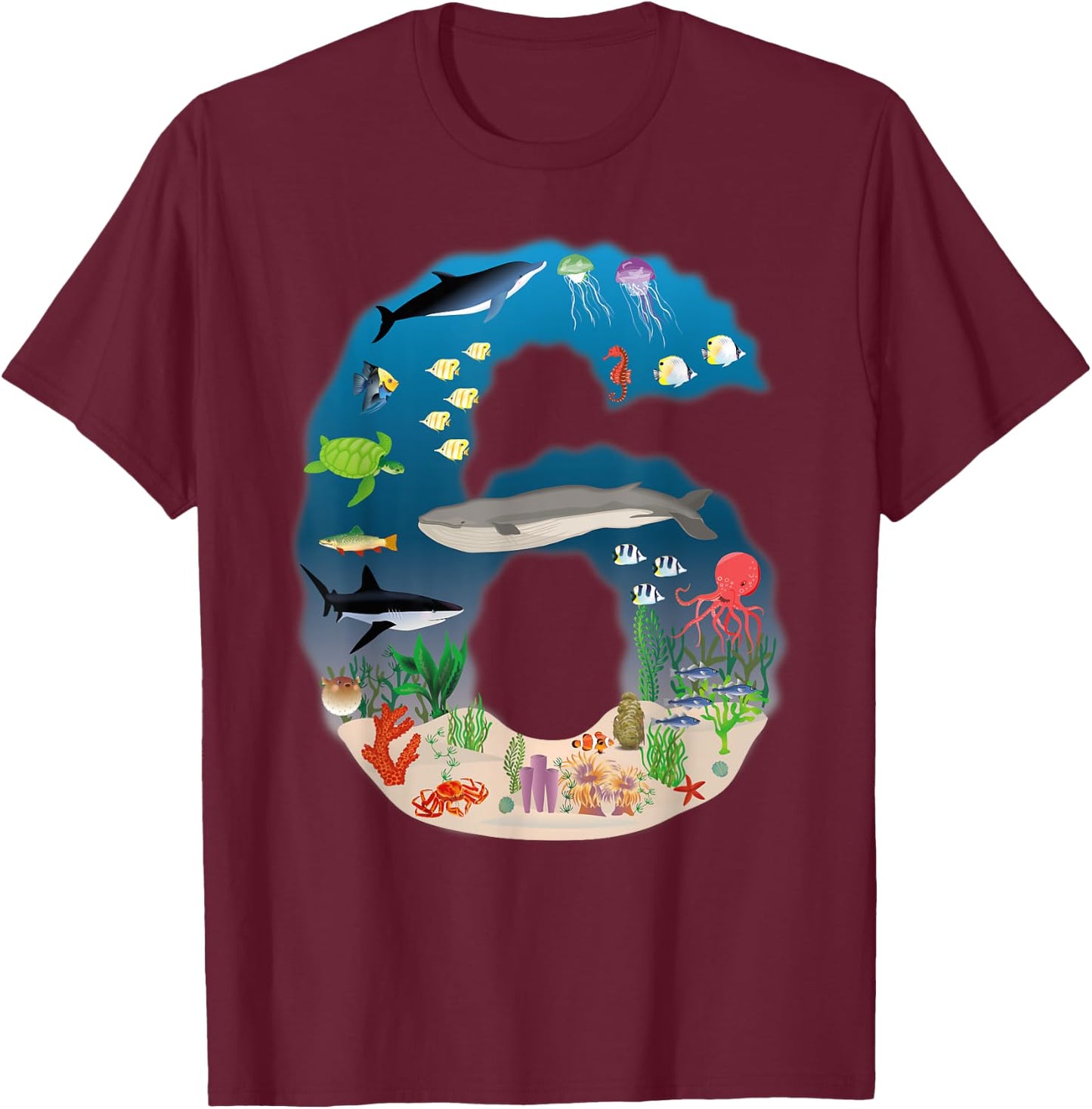 Under The Sea REALISTIC Fish Starfish Sixth number 6 T-Shirt - T-Shirt | Maroon