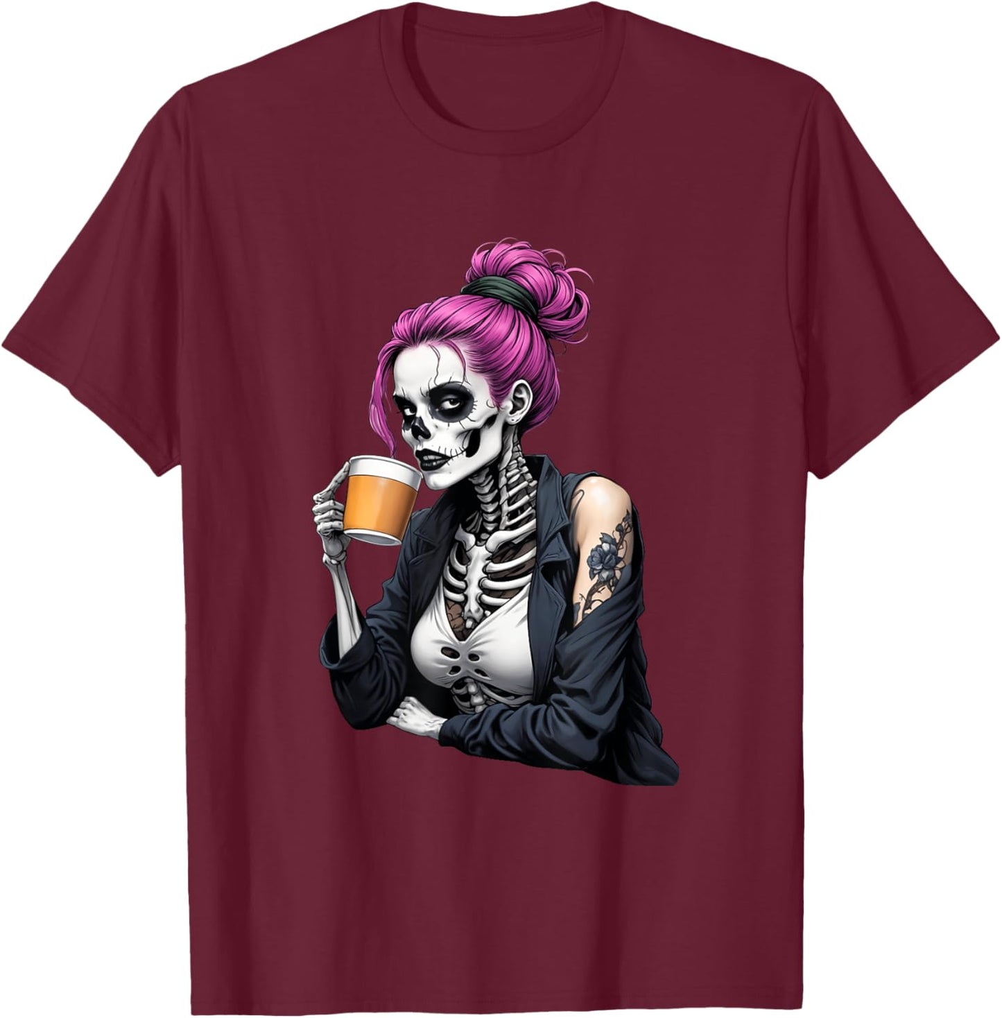 Spooky Halloween Skeleton Messy Bun Drinking Coffee Women T-Shirt - T-Shirt | Maroon