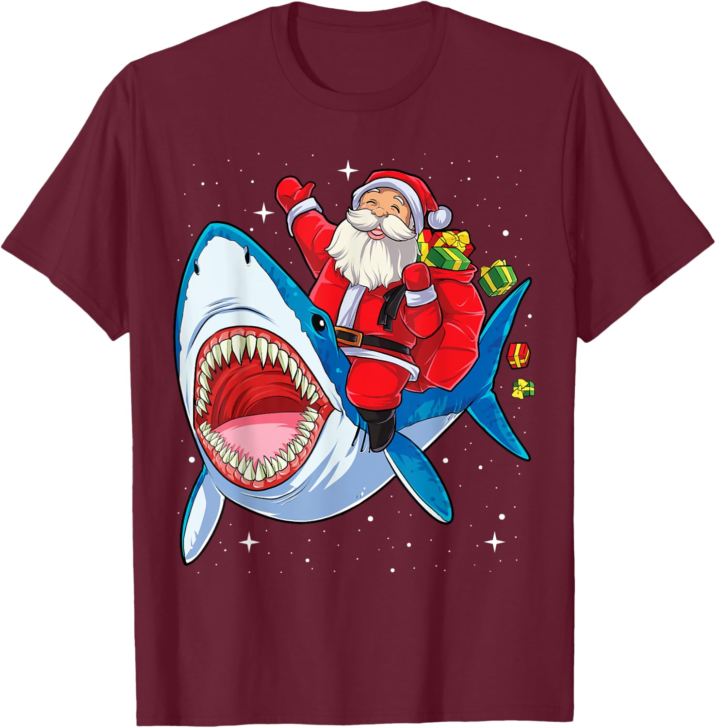 Santa Claus Riding Shark Christmas Boys Merry Sharkmas Xmas T-Shirt - T-Shirt | Maroon