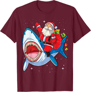 Santa Claus Riding Shark Christmas Boys Merry Sharkmas Xmas T-Shirt - T-Shirt | Maroon