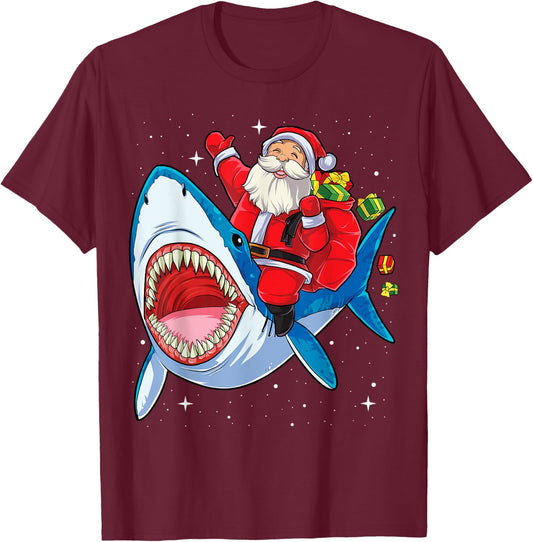 Santa Claus Riding Shark Christmas Boys Merry Sharkmas Xmas T-Shirt - T-Shirt | Maroon