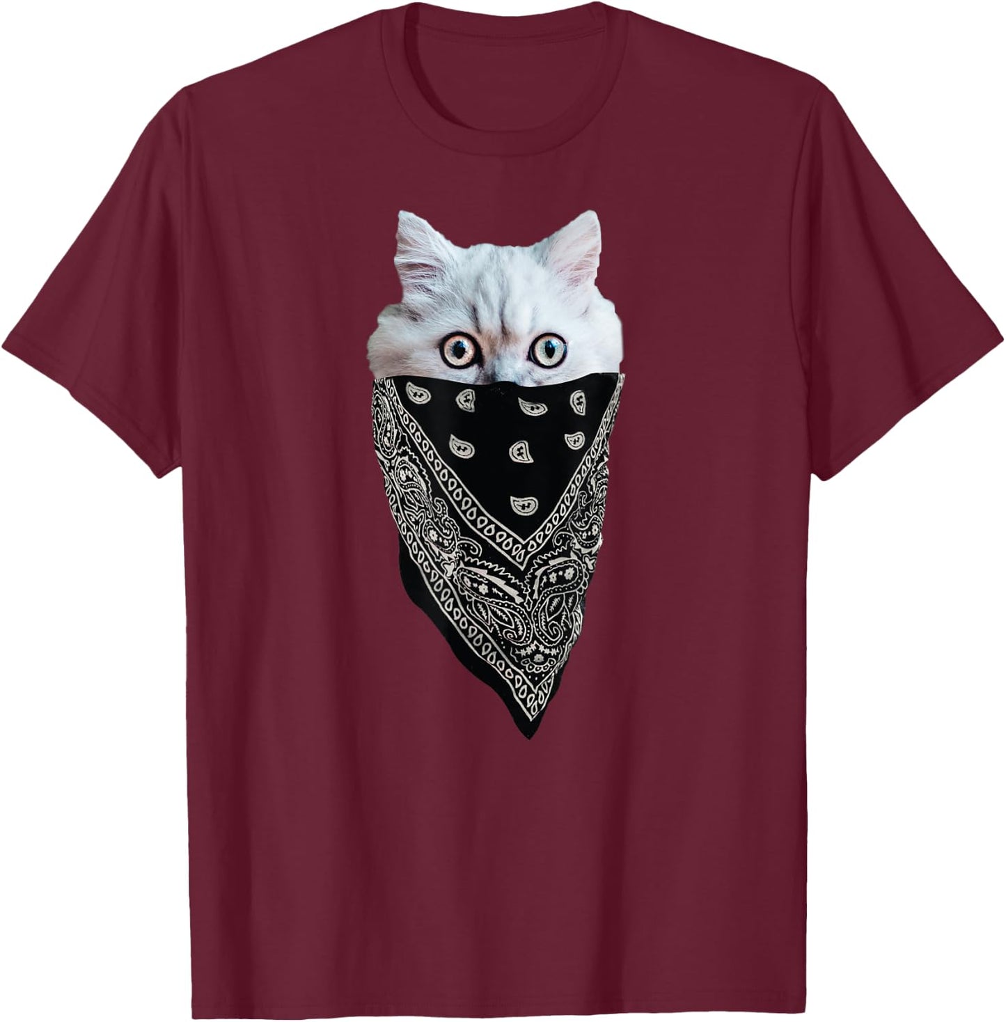 Cat Wearing a Bandana as a Mask | Funny, Cute Kitten T-Shirt - T-Shirt | Maroon