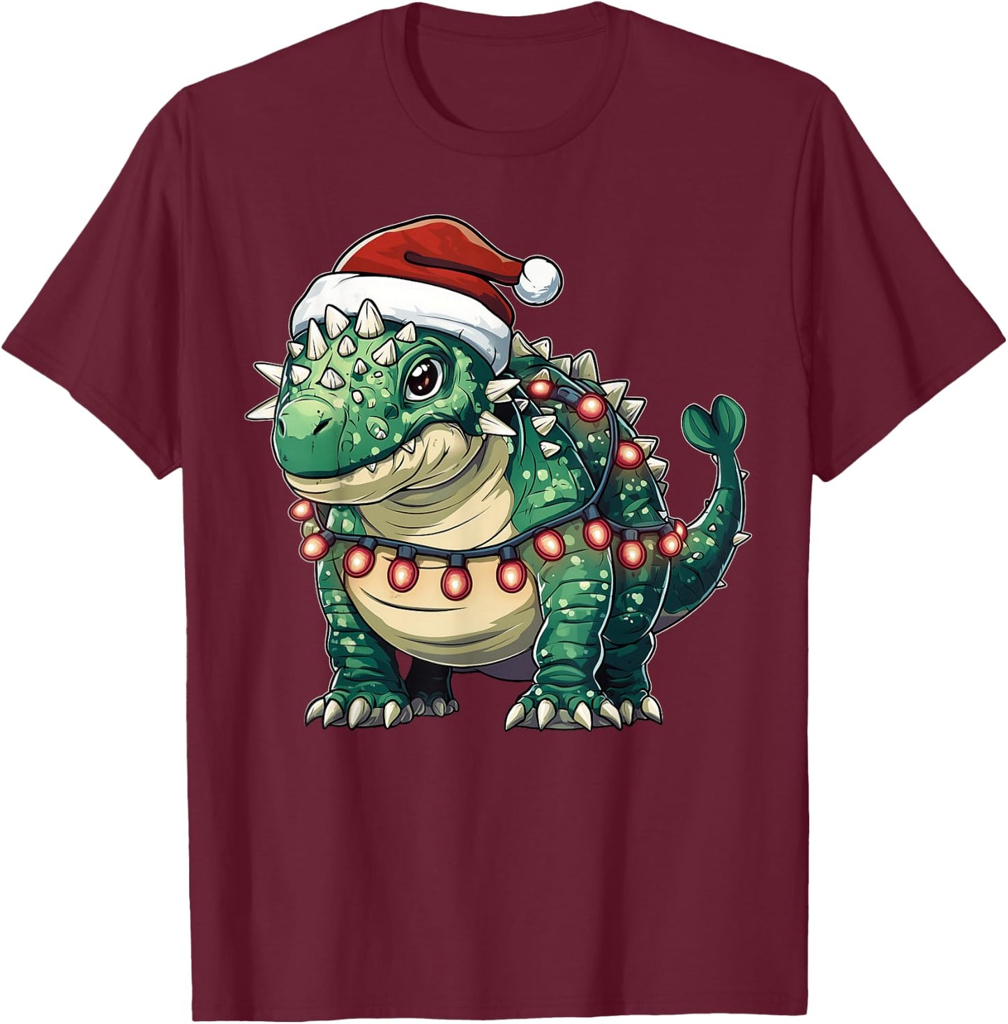 Ankylosaurus Dinosaur Christmas - -Adults/Kids - Red - Short Sleeve - U-Neck - Small - Christmas Dinosaur T-Shirt - T-Shirt | Maroon