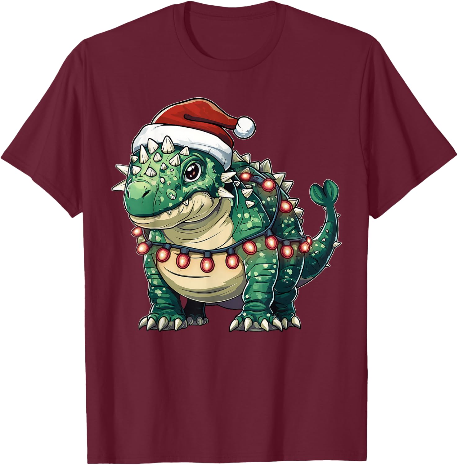 Ankylosaurus Dinosaur Christmas - -Adults/Kids - Red - Short Sleeve - U-Neck - Small - Christmas Dinosaur T-Shirt - T-Shirt | Maroon