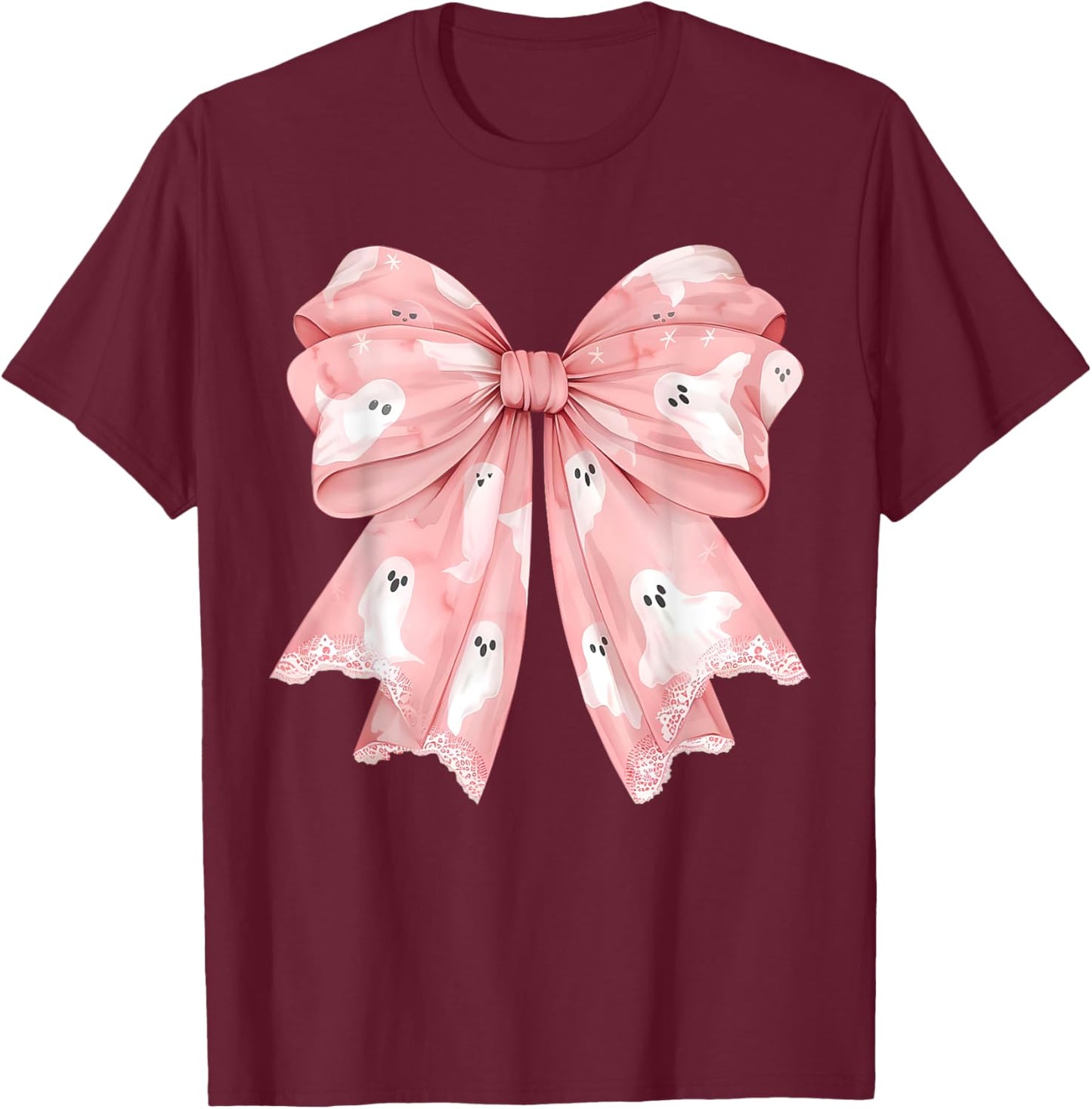 Pink Ghost Bow Coquette Halloween Spooky Season Girls T-Shirt - T-Shirt | Maroon