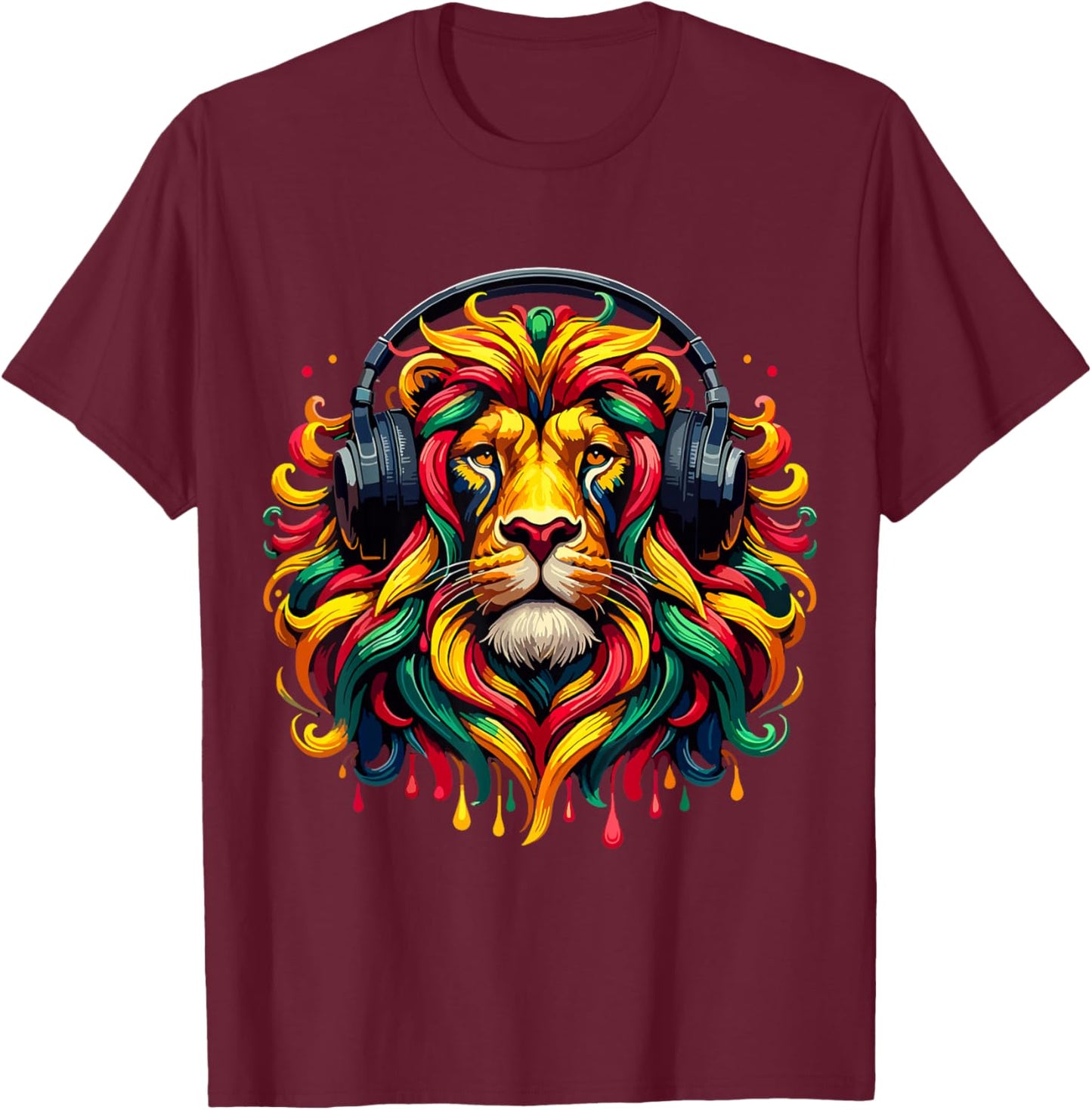 Rasta Reggae Music Headphones Jamaican Lion Of Judah T-Shirt - T-Shirt | Maroon