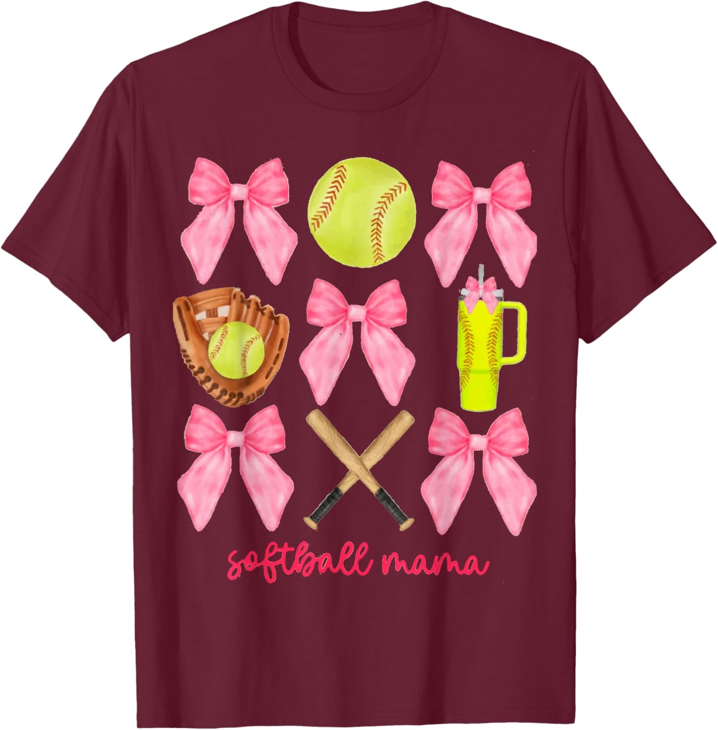 Softball Mama Softball Coquette Bow T-Shirt - T-Shirt | Maroon