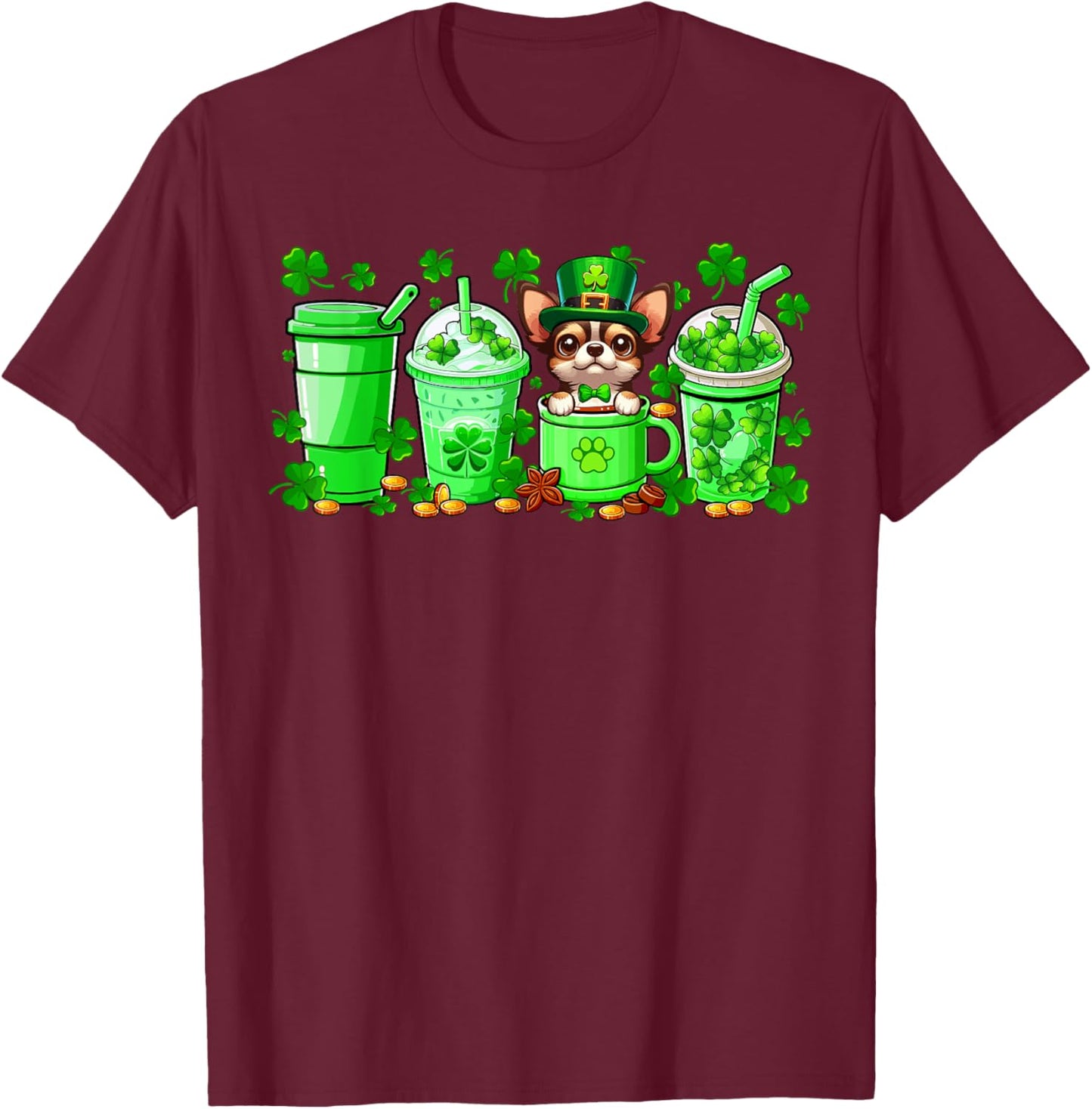 Chihuahua Inside Cup Coffees St. Patrick's Day Shamrocks T-Shirt - T-Shirt | Maroon