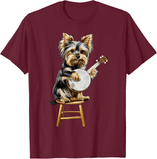 Yorkshire Terrier Yorkie Dog Playing Banjo Bluegrass T-Shirt - T-Shirt | Maroon