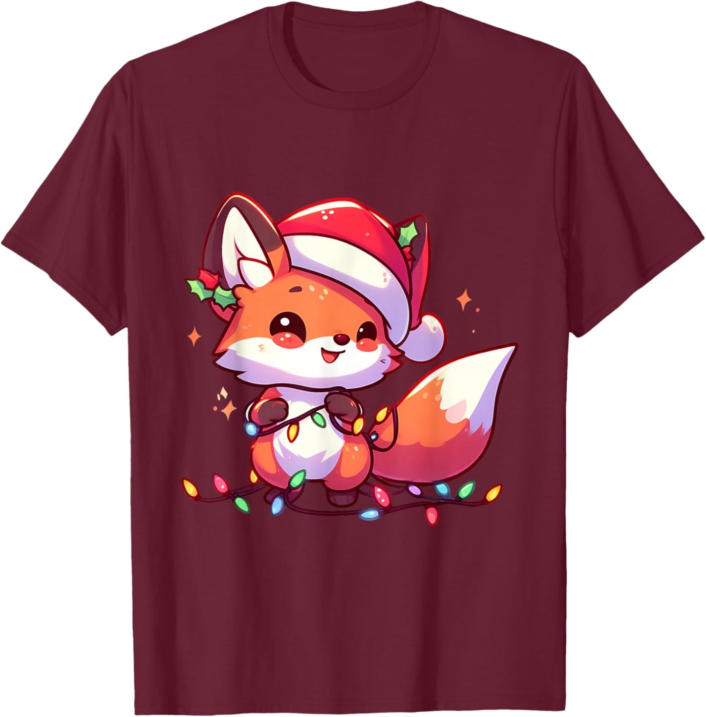 Merry Foxmas Christmas Lights Cute Fox Santa Hat T-Shirt - T-Shirt | Maroon