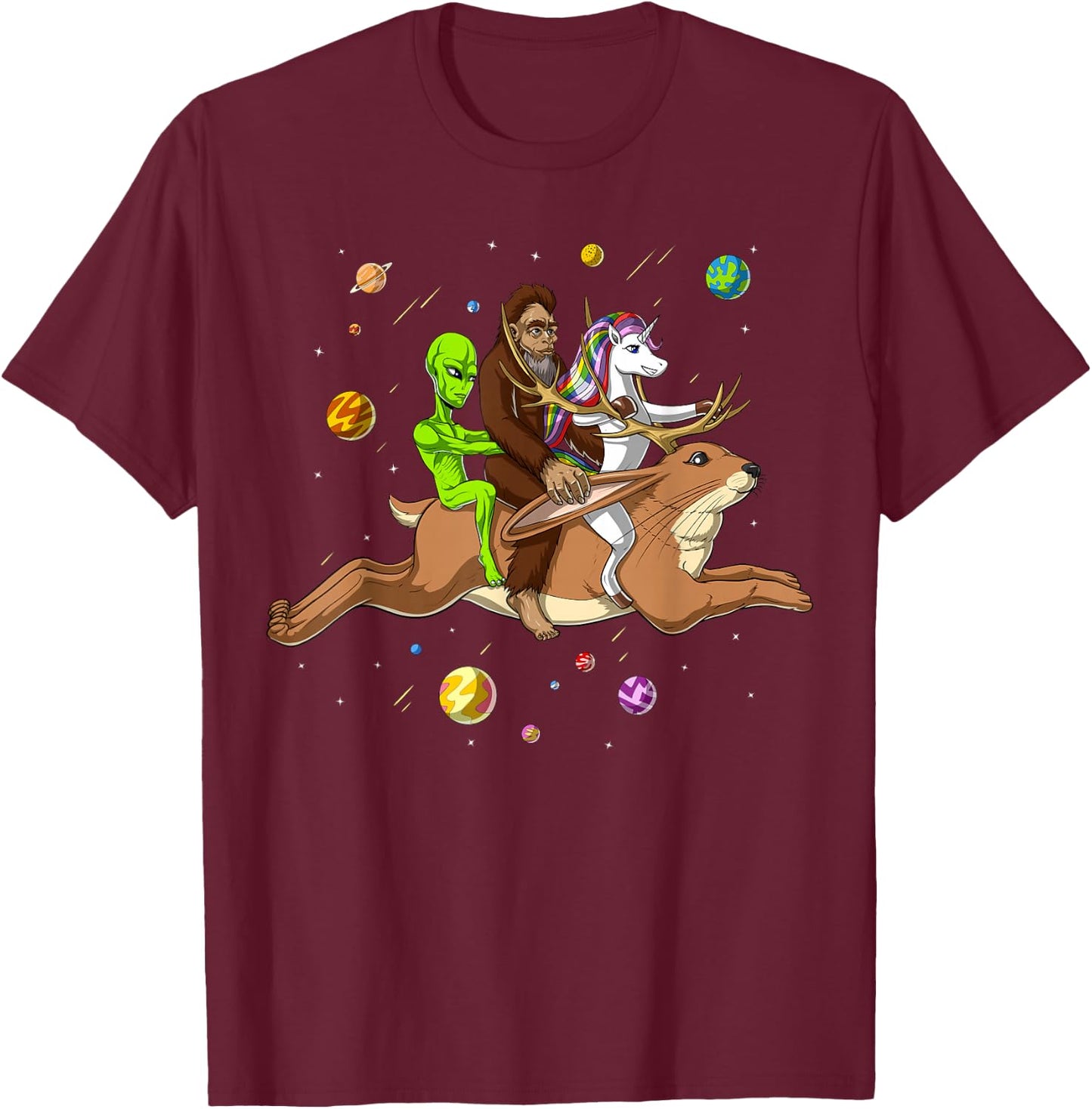 Alien Bigfoot Unicorn Riding Jackalope Cryptozoology Cryptid T-Shirt - T-Shirt | Maroon